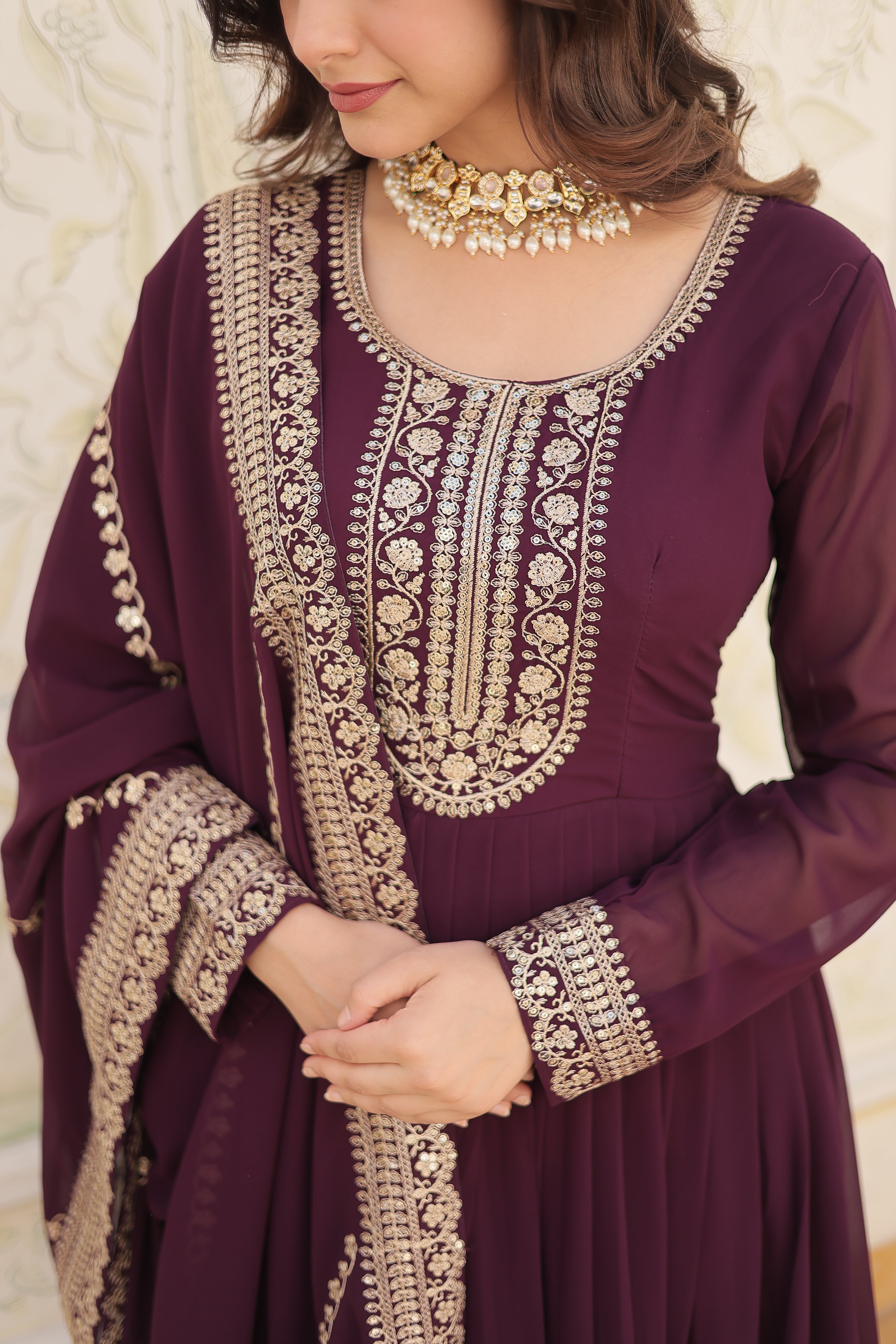 Wine Faux Blooming Gown With Embroidered Dupatta