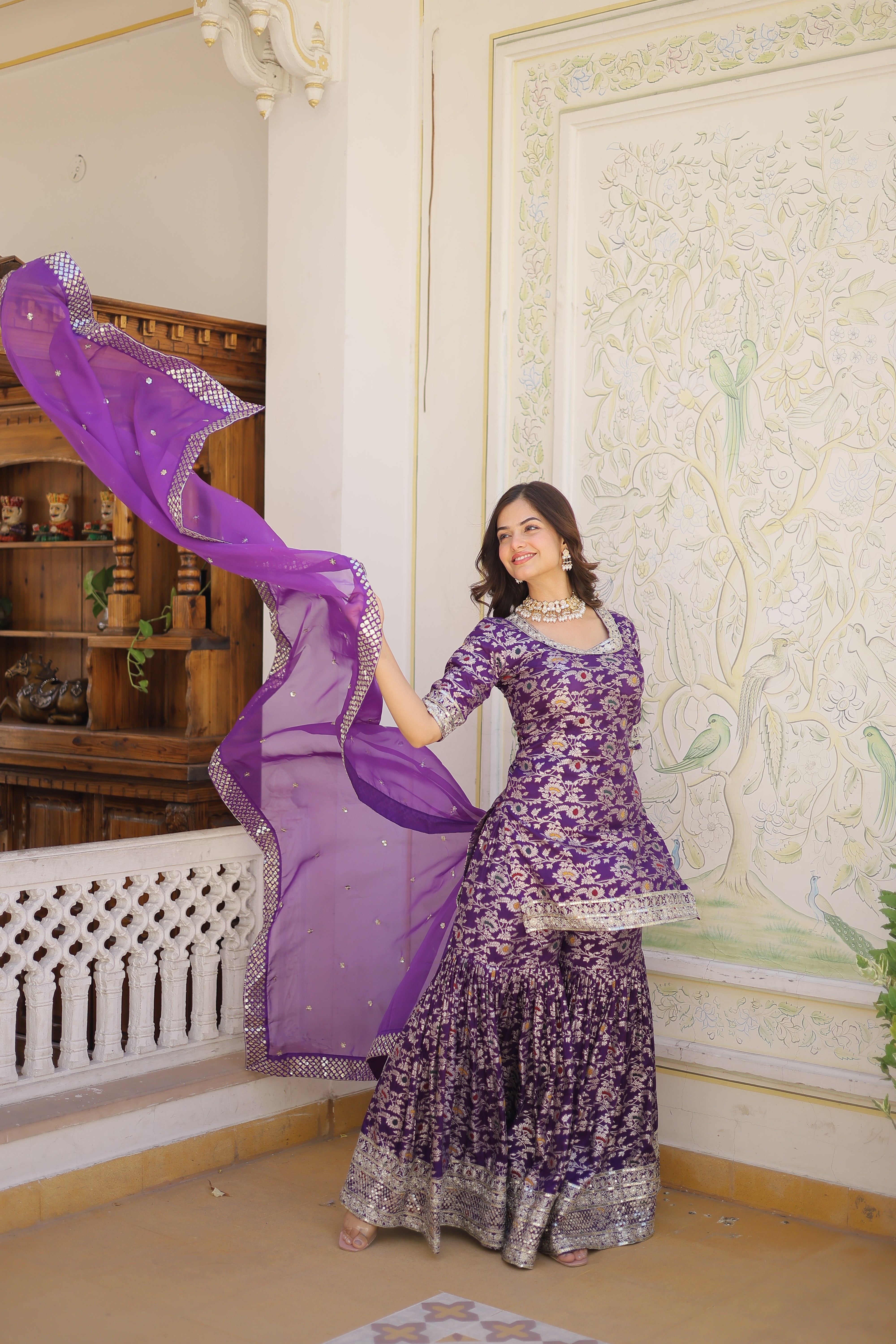Purple Beautiful Kurta Sharara Set With Dupatta