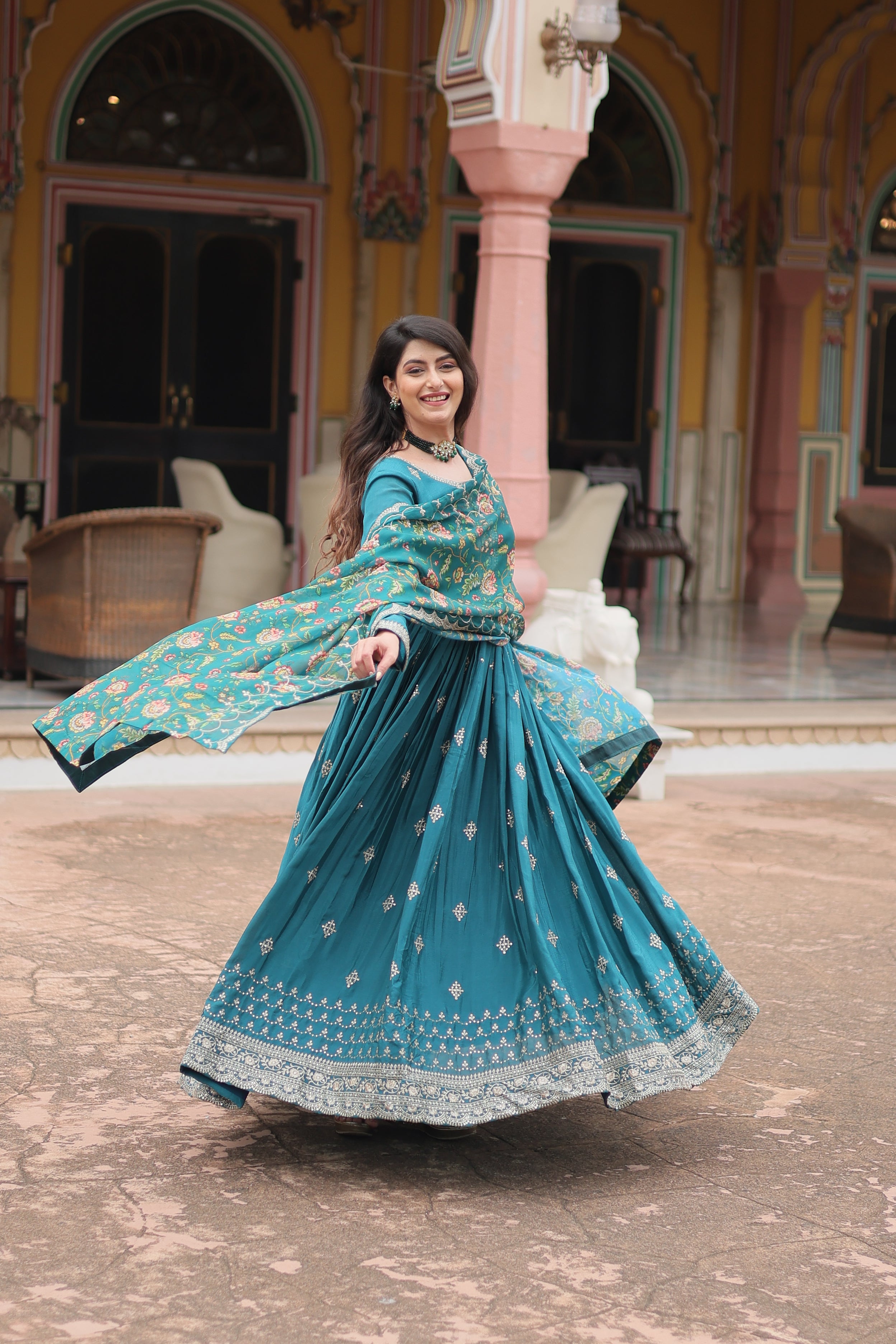 Rama Chinnon Silk Gown With Silk Kalamkari  Printed Dupatta Sets