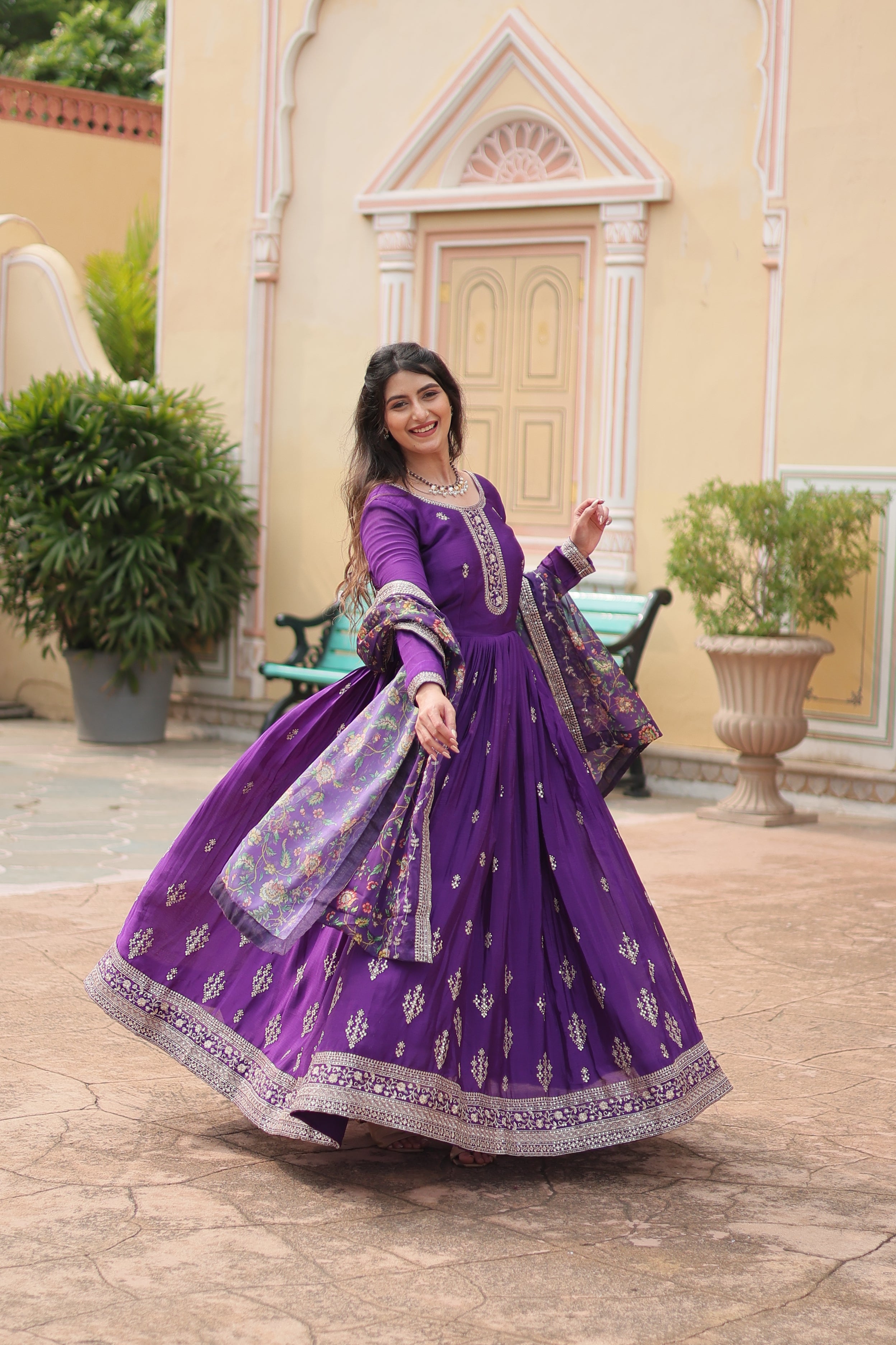 Purple Chinnon Silk Gown With Silk Kalamkari  Printed Dupatta Sets