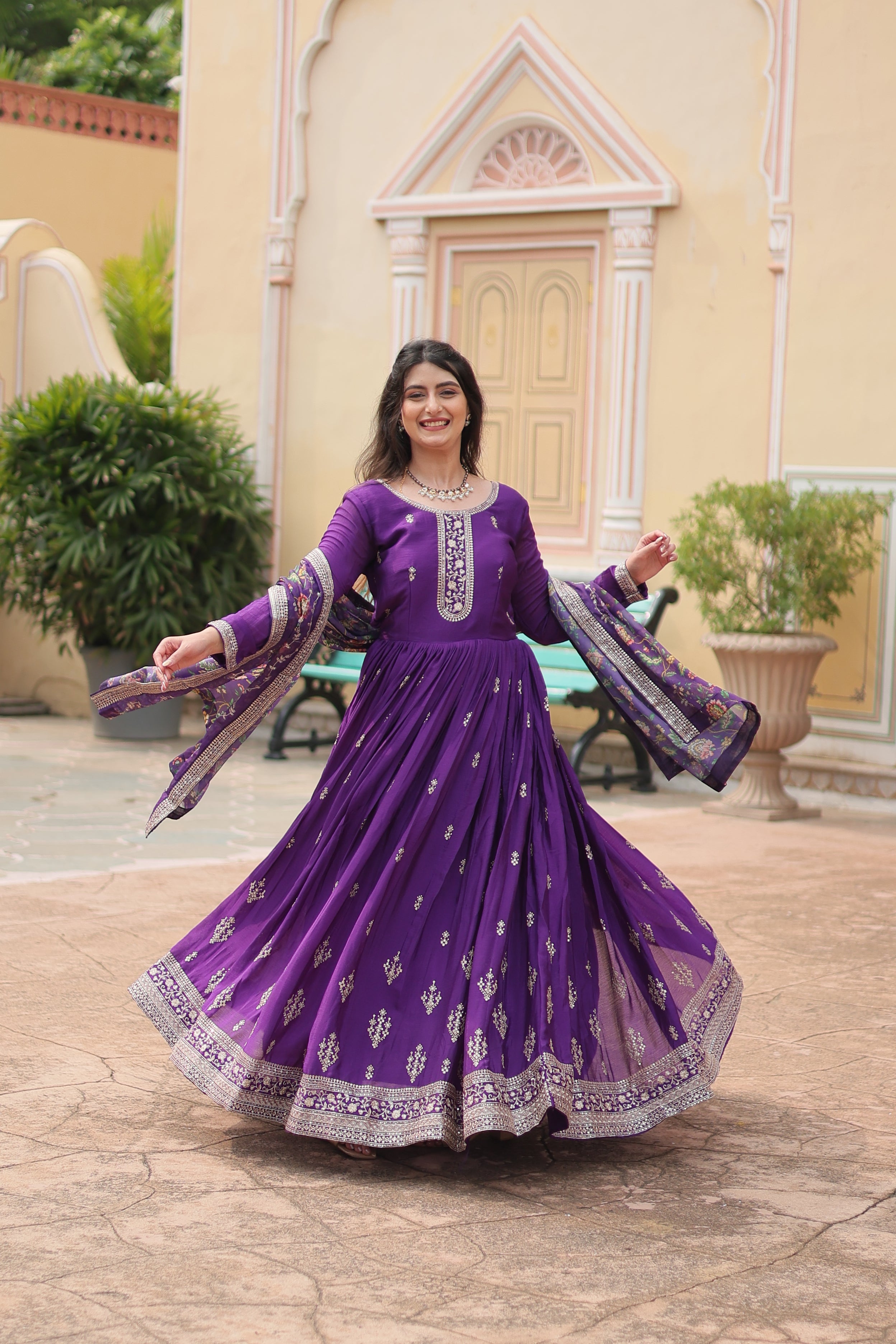 Purple Chinnon Silk Gown With Silk Kalamkari  Printed Dupatta Sets
