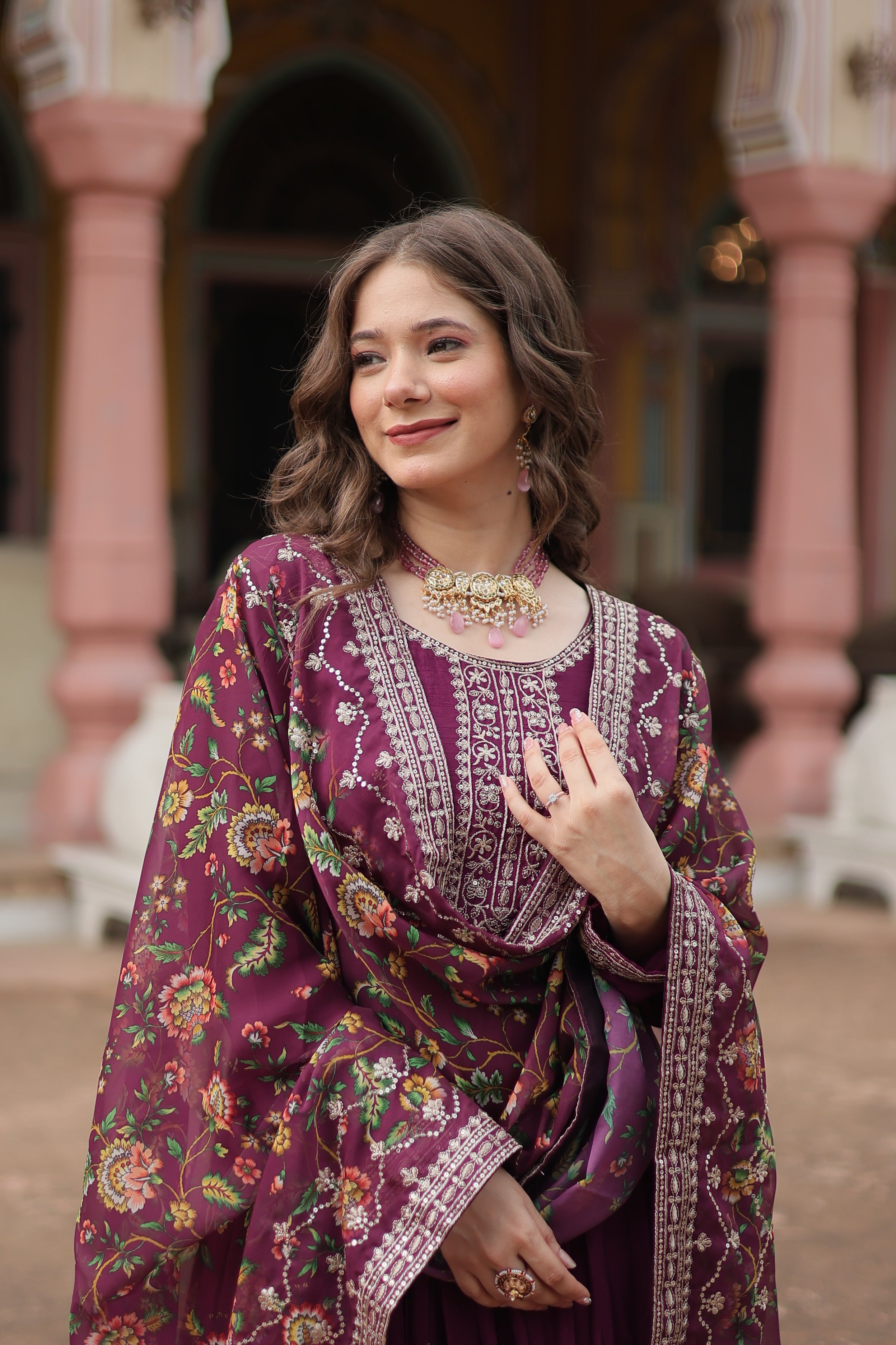Wine Chinnon Silk Gown With Silk Kalamkari  Printed Dupatta Sets