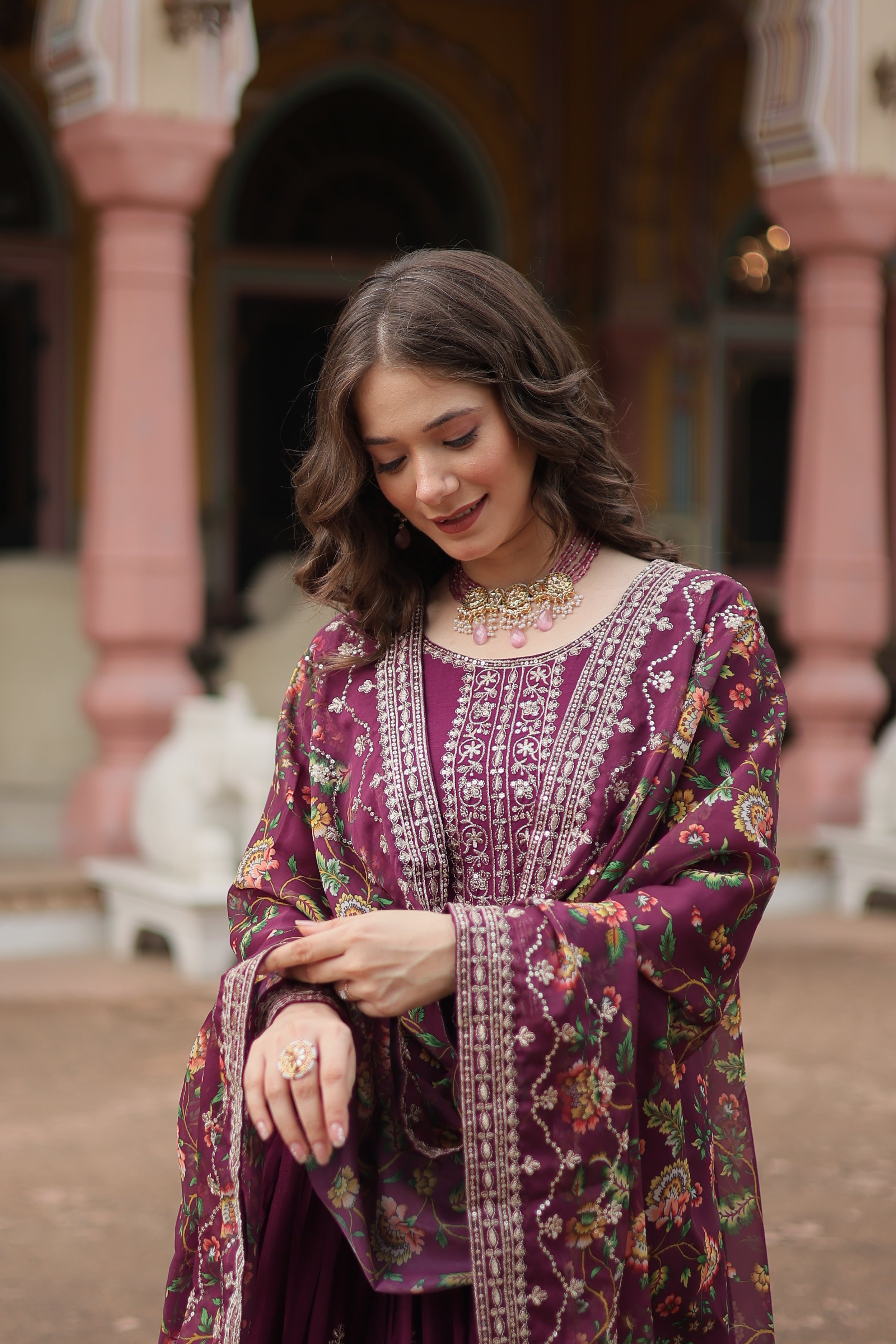 Wine Chinnon Silk Gown With Silk Kalamkari  Printed Dupatta Sets