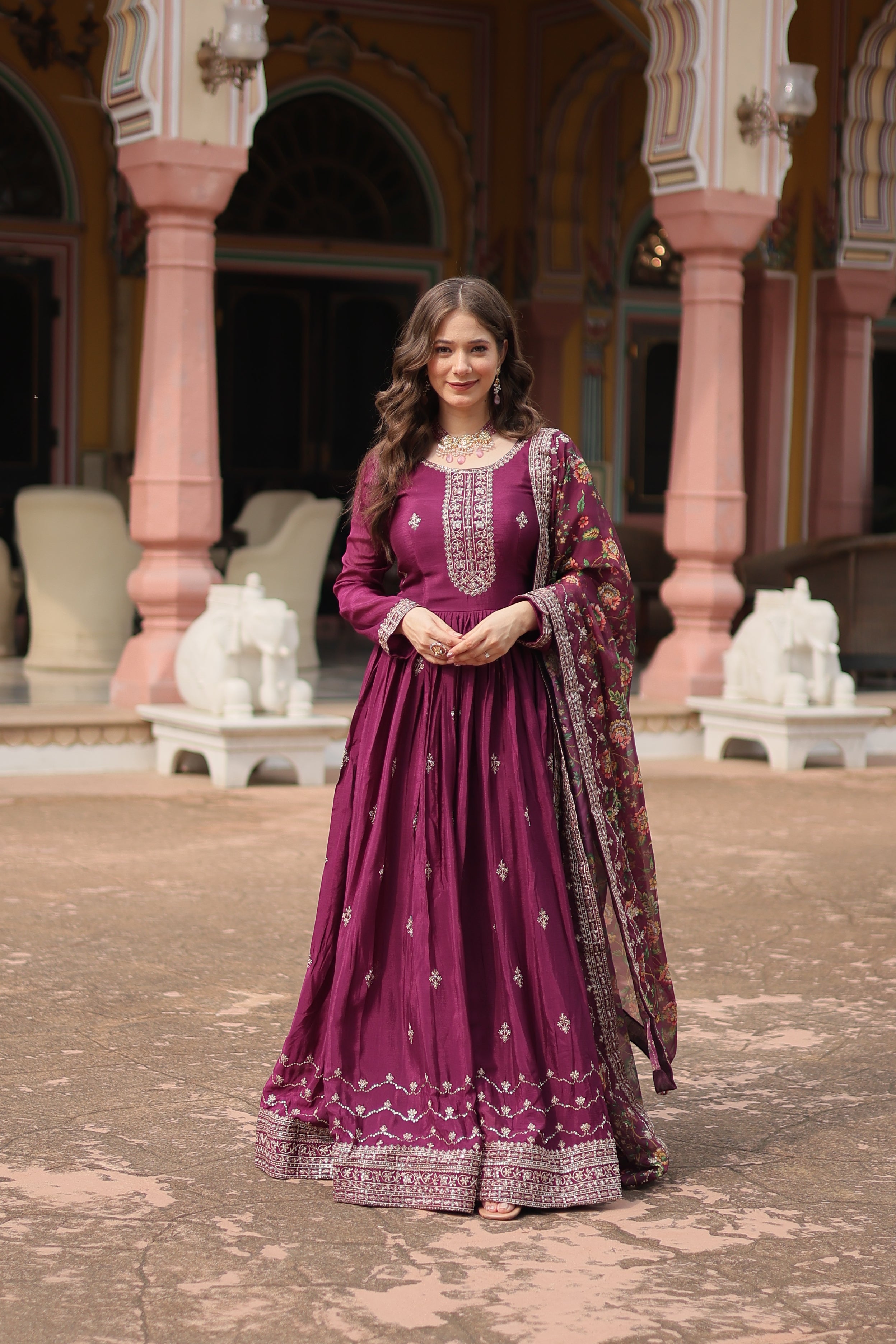 Wine Chinnon Silk Gown With Silk Kalamkari  Printed Dupatta Sets