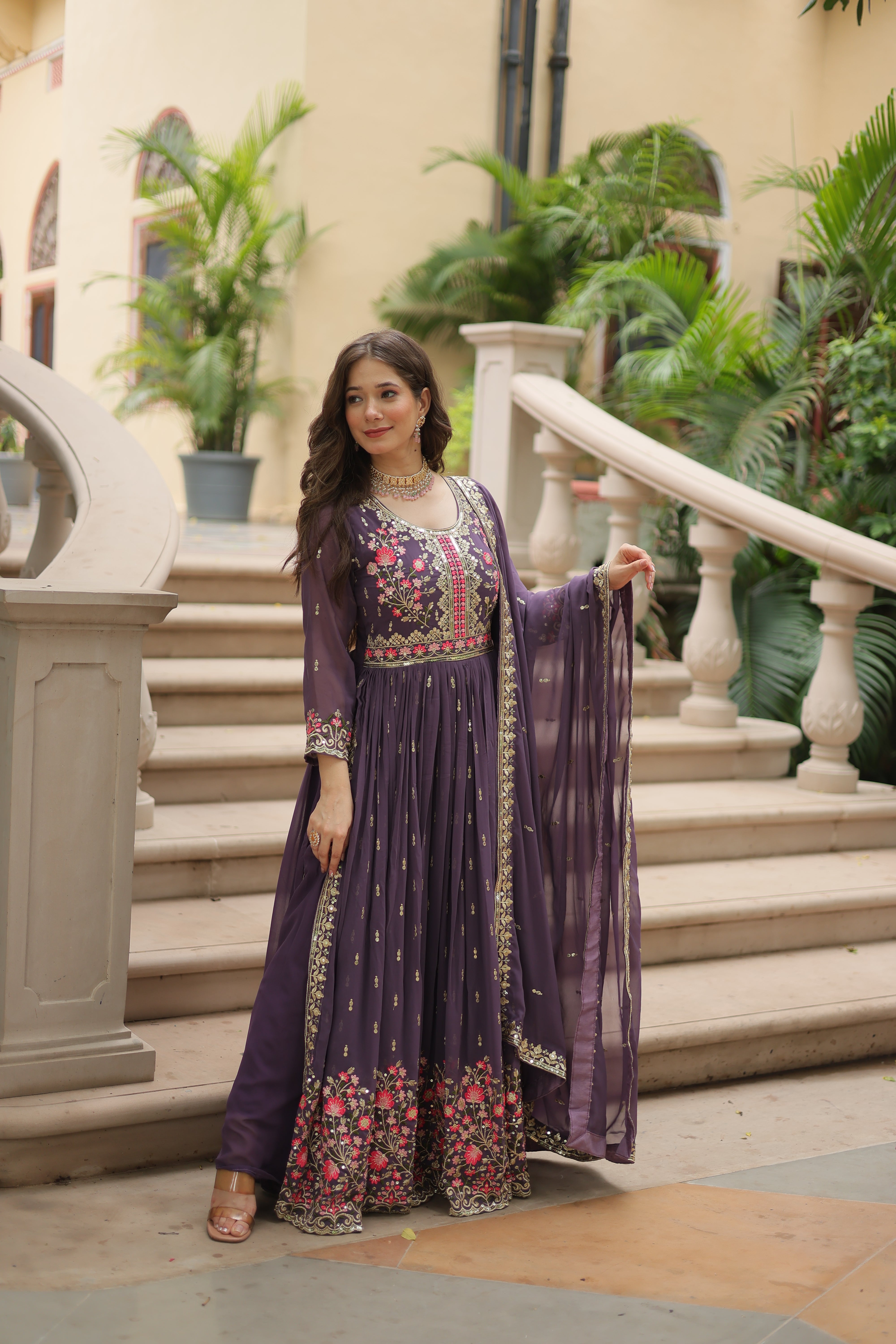 Onion Faux Georgette Gown Sharara With Dupatta Sets