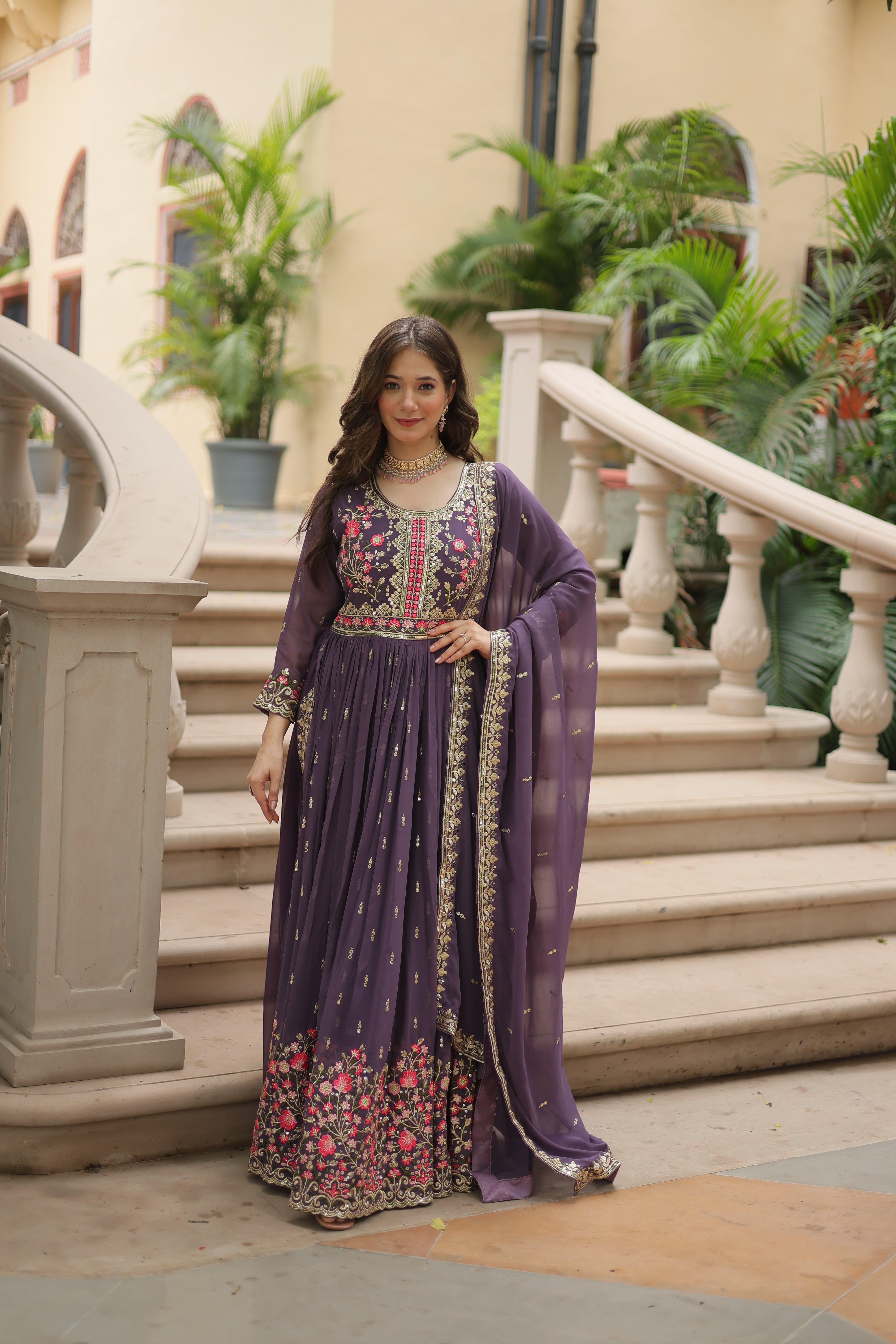 Onion Faux Georgette Gown Sharara With Dupatta Sets