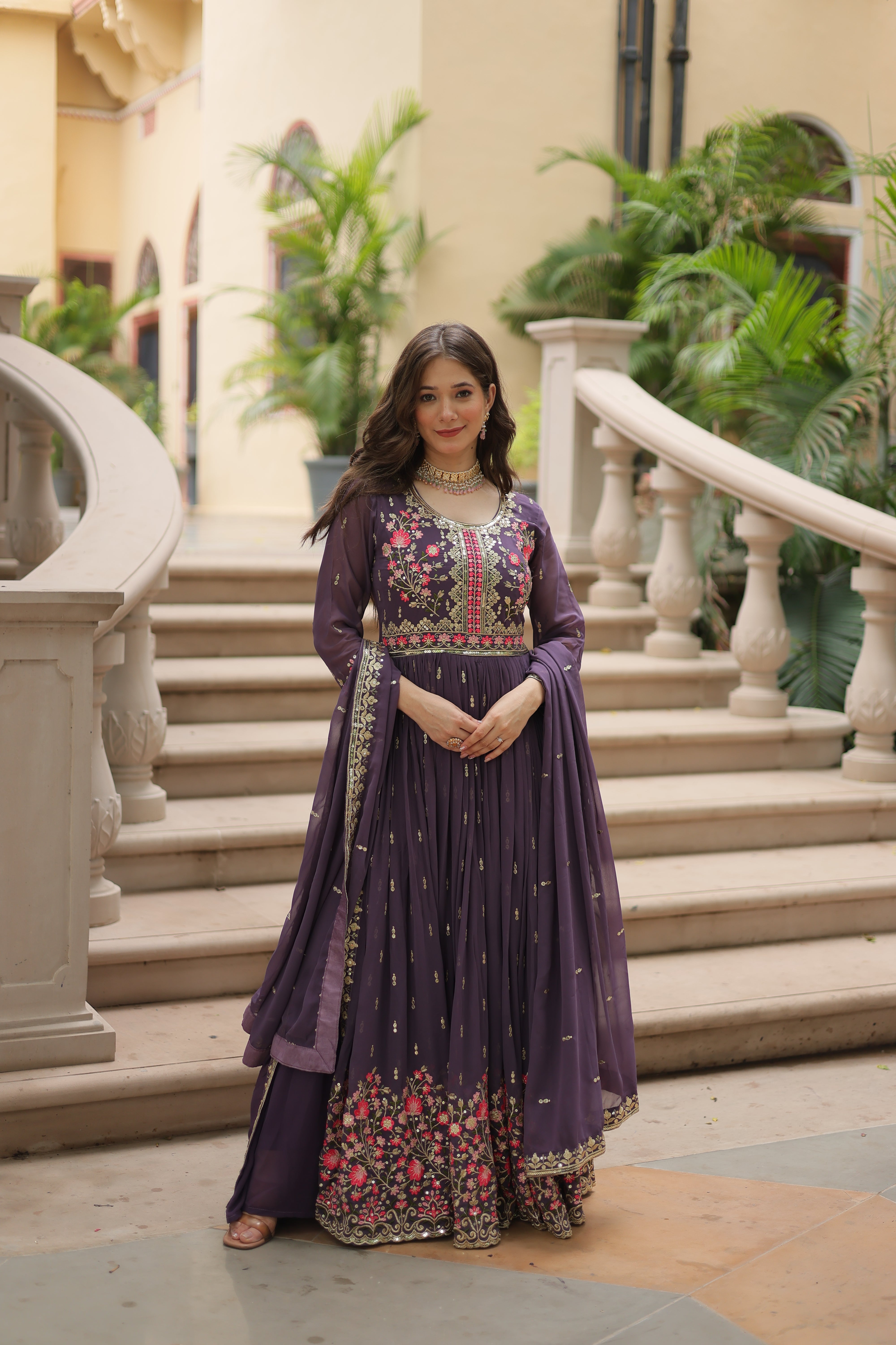 Onion Faux Georgette Gown Sharara With Dupatta Sets