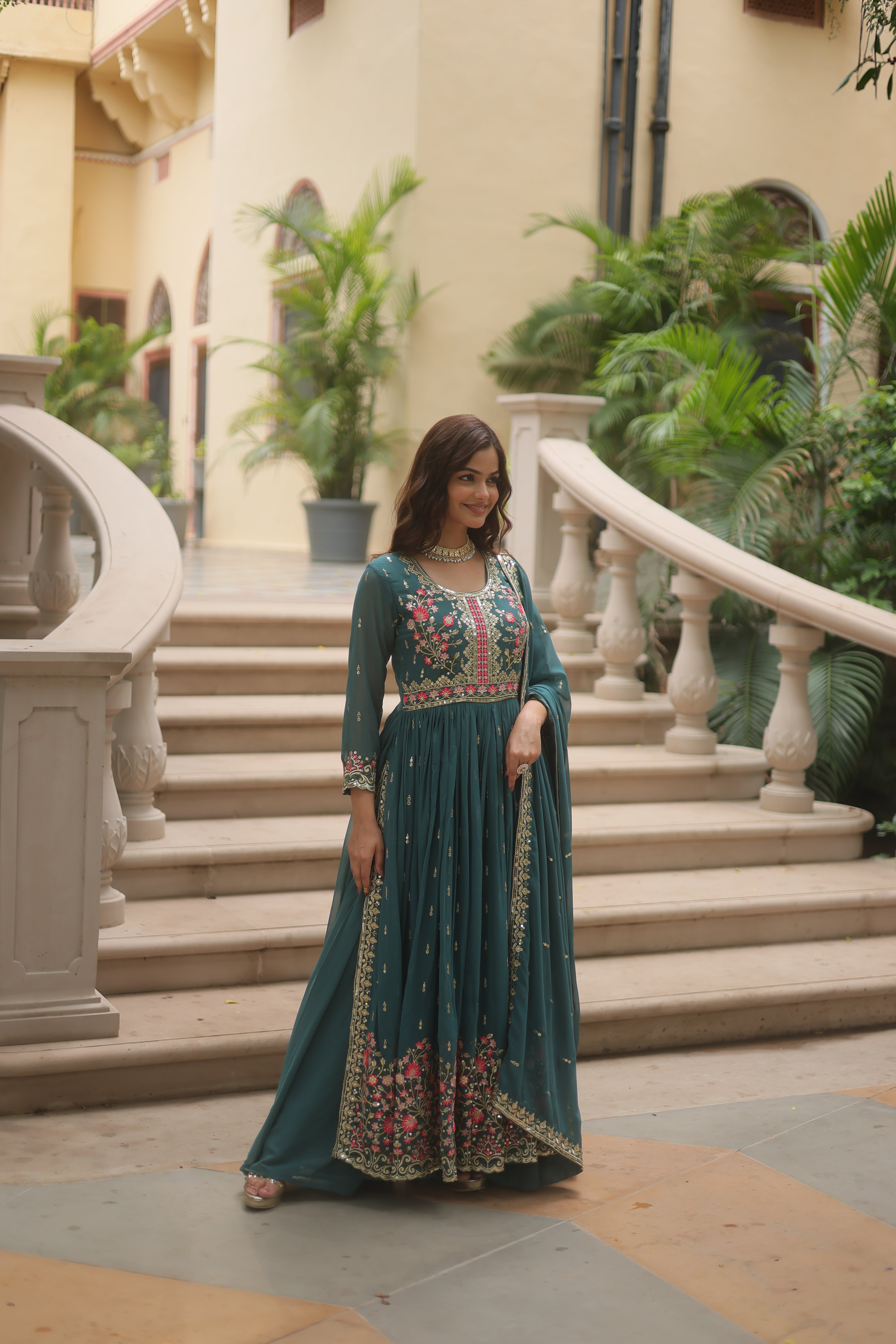 Rama Faux Georgette Gown Sharara With Dupatta Sets