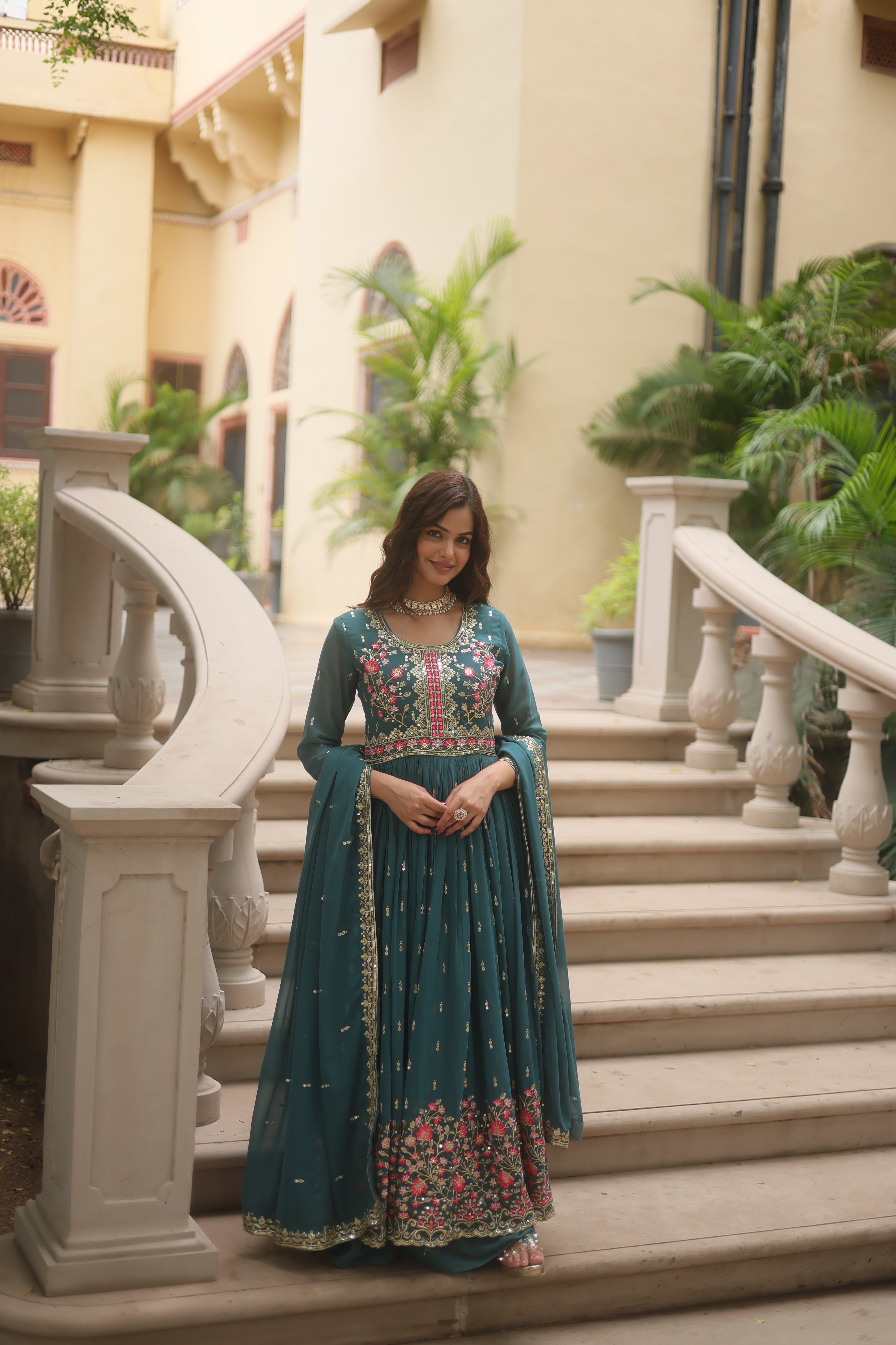 Rama Faux Georgette Gown Sharara With Dupatta Sets