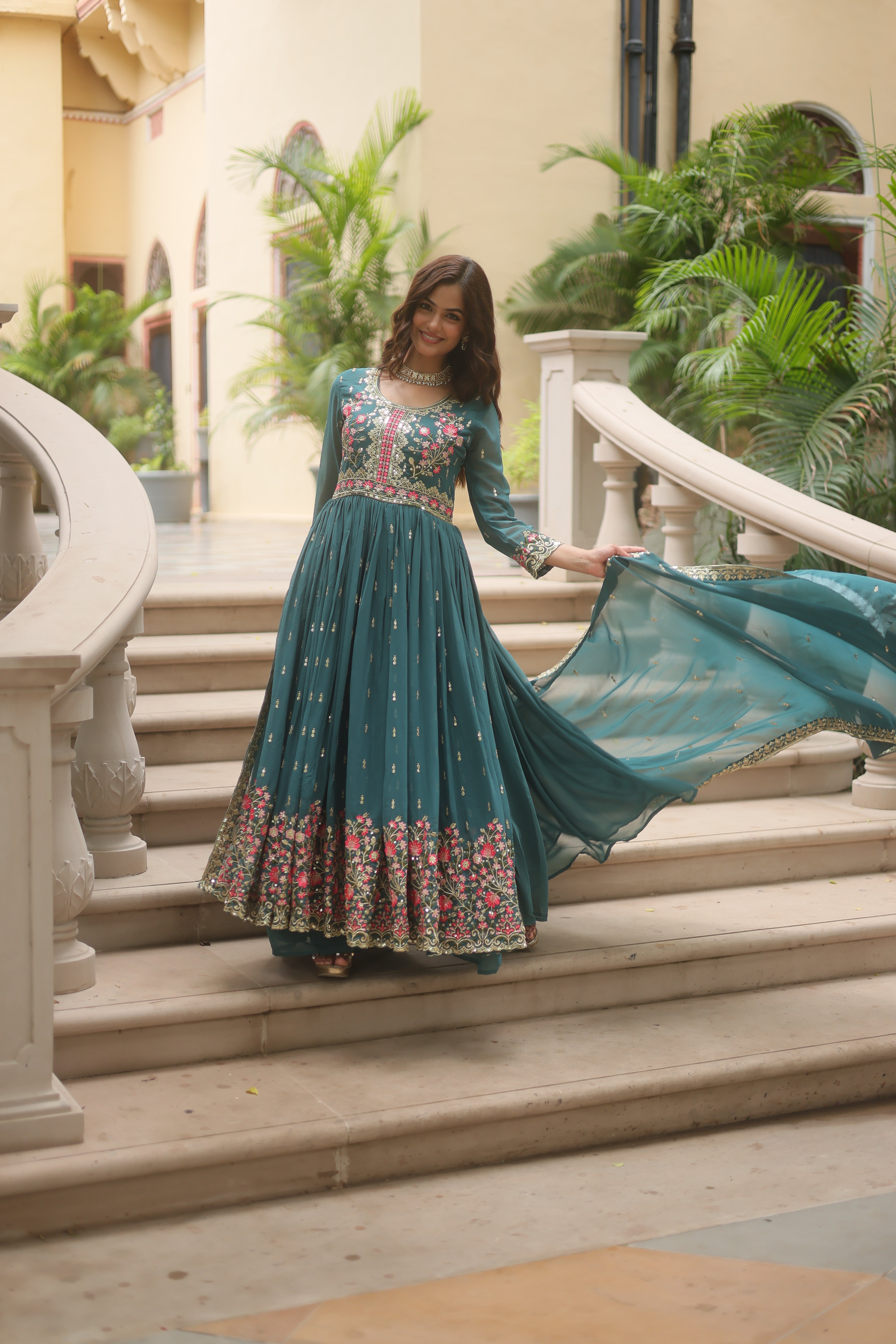 Rama Faux Georgette Gown Sharara With Dupatta Sets