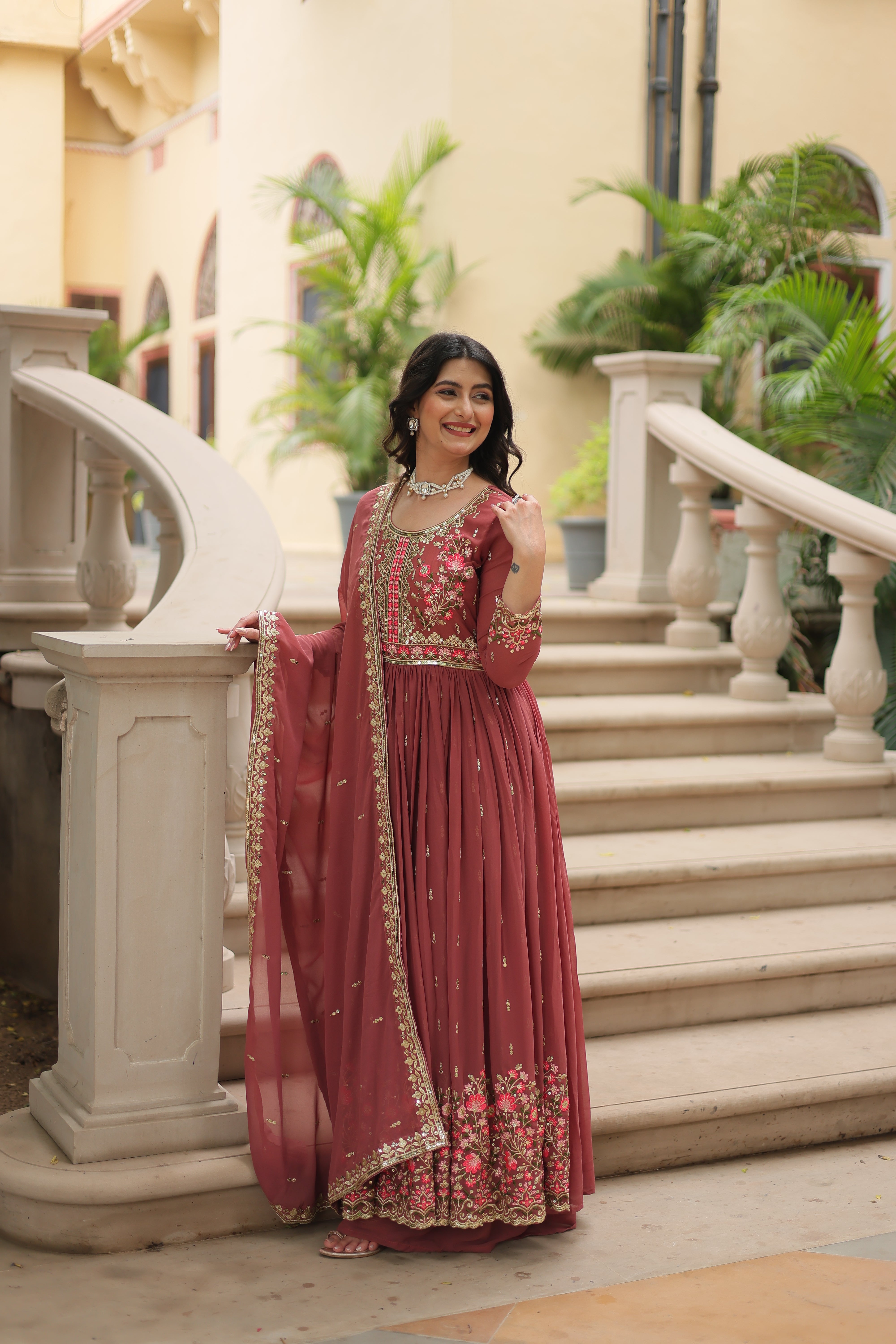 Coffee Faux Georgette Gown Sharara With Dupatta Sets