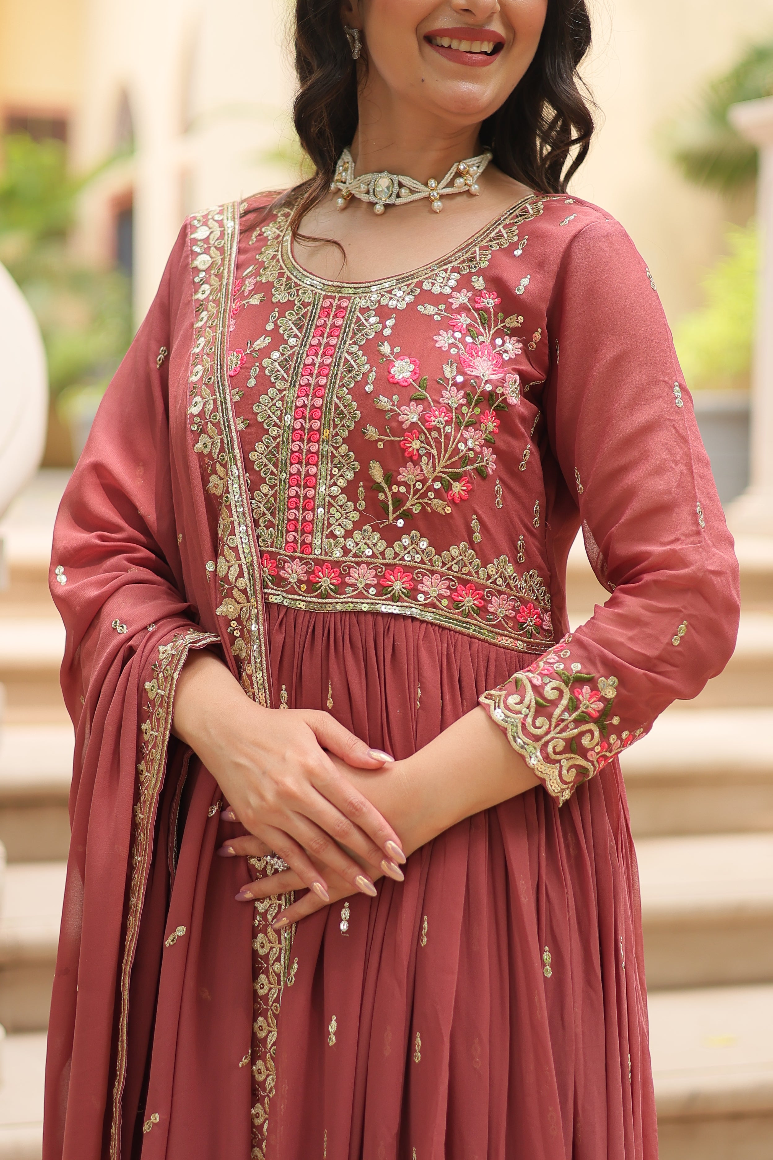 Coffee Faux Georgette Gown Sharara With Dupatta Sets