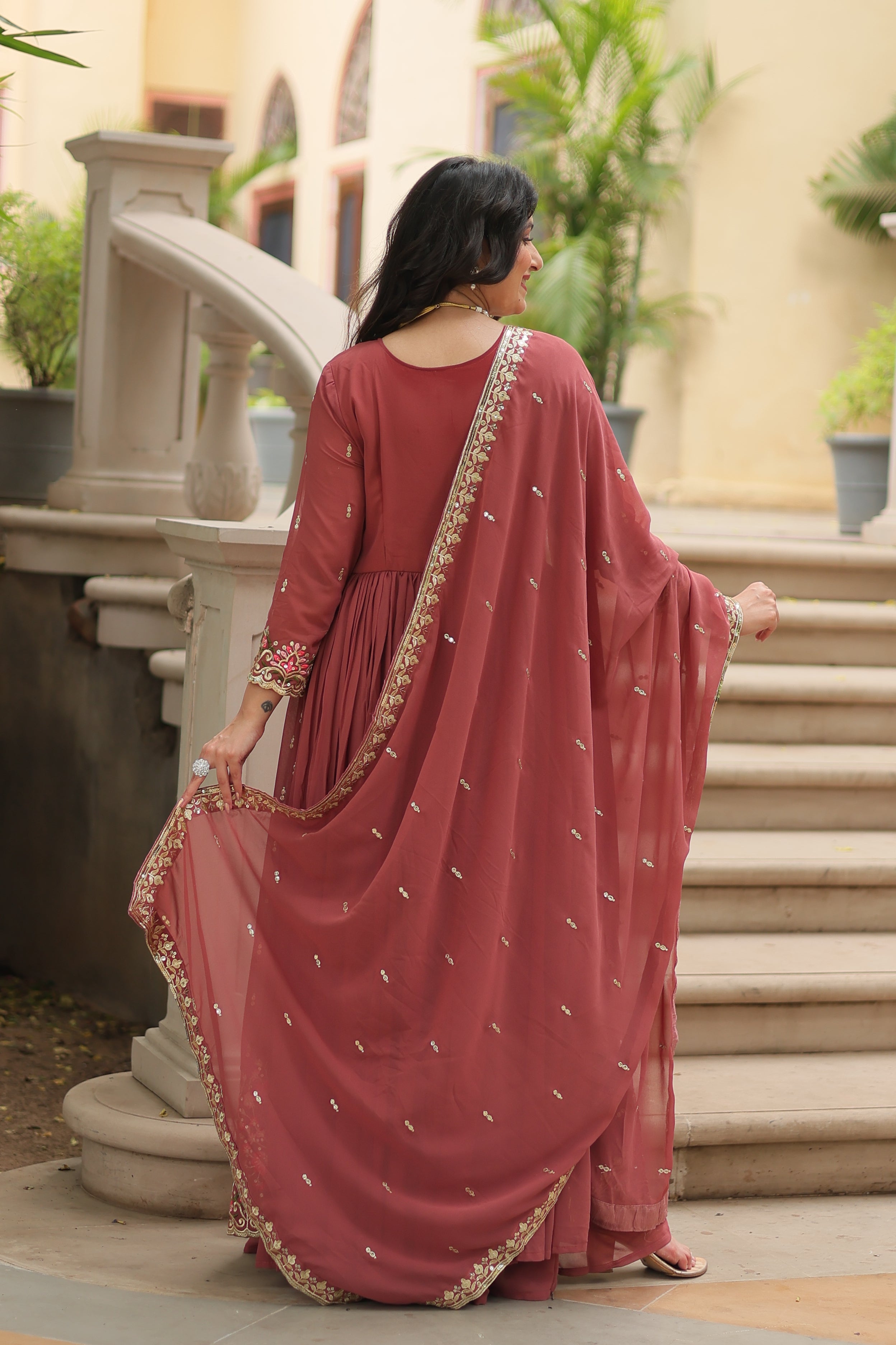 Coffee Faux Georgette Gown Sharara With Dupatta Sets