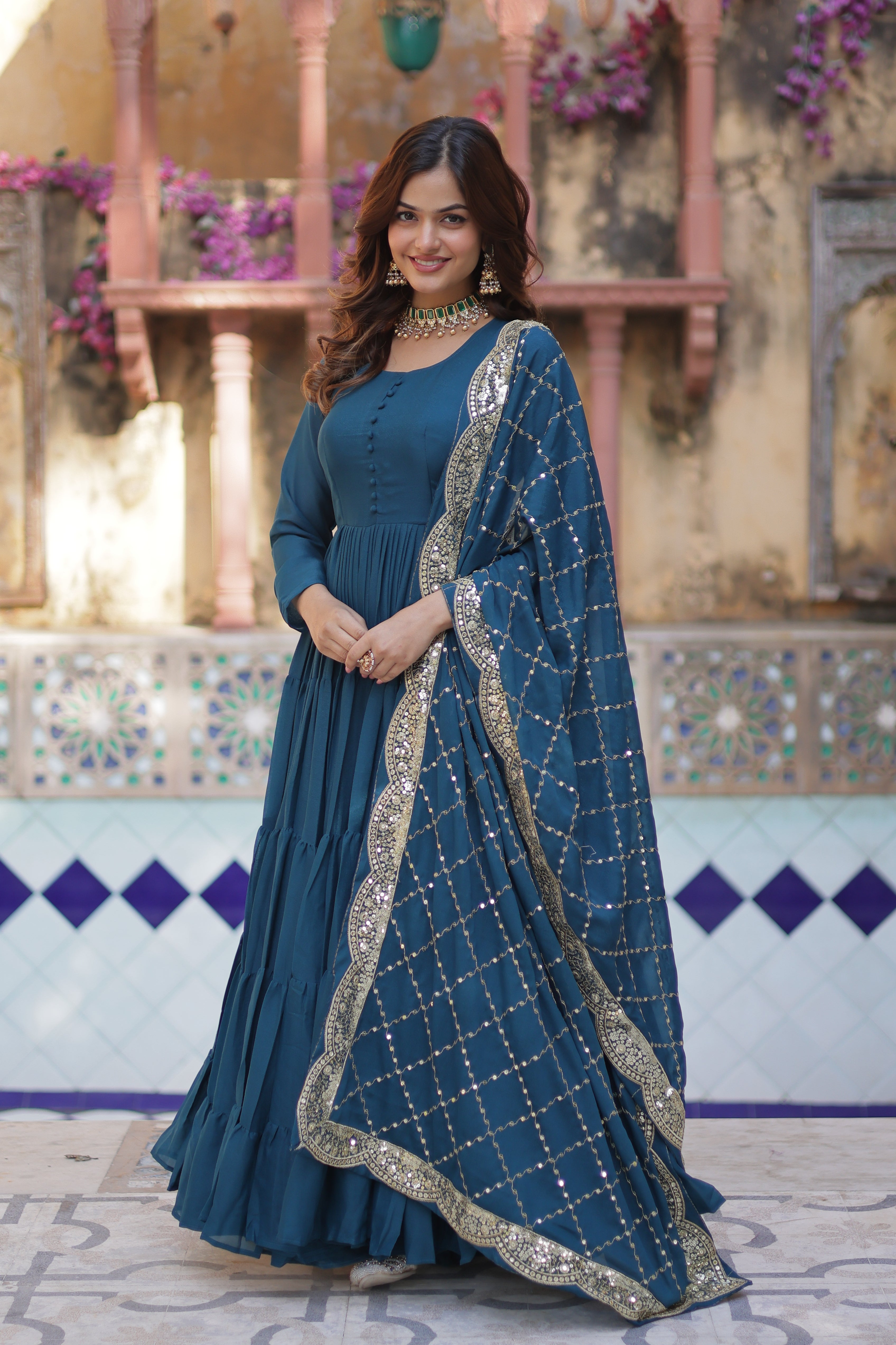 Rama Elegant Readymade Georgette Gown With Dupatta Sets