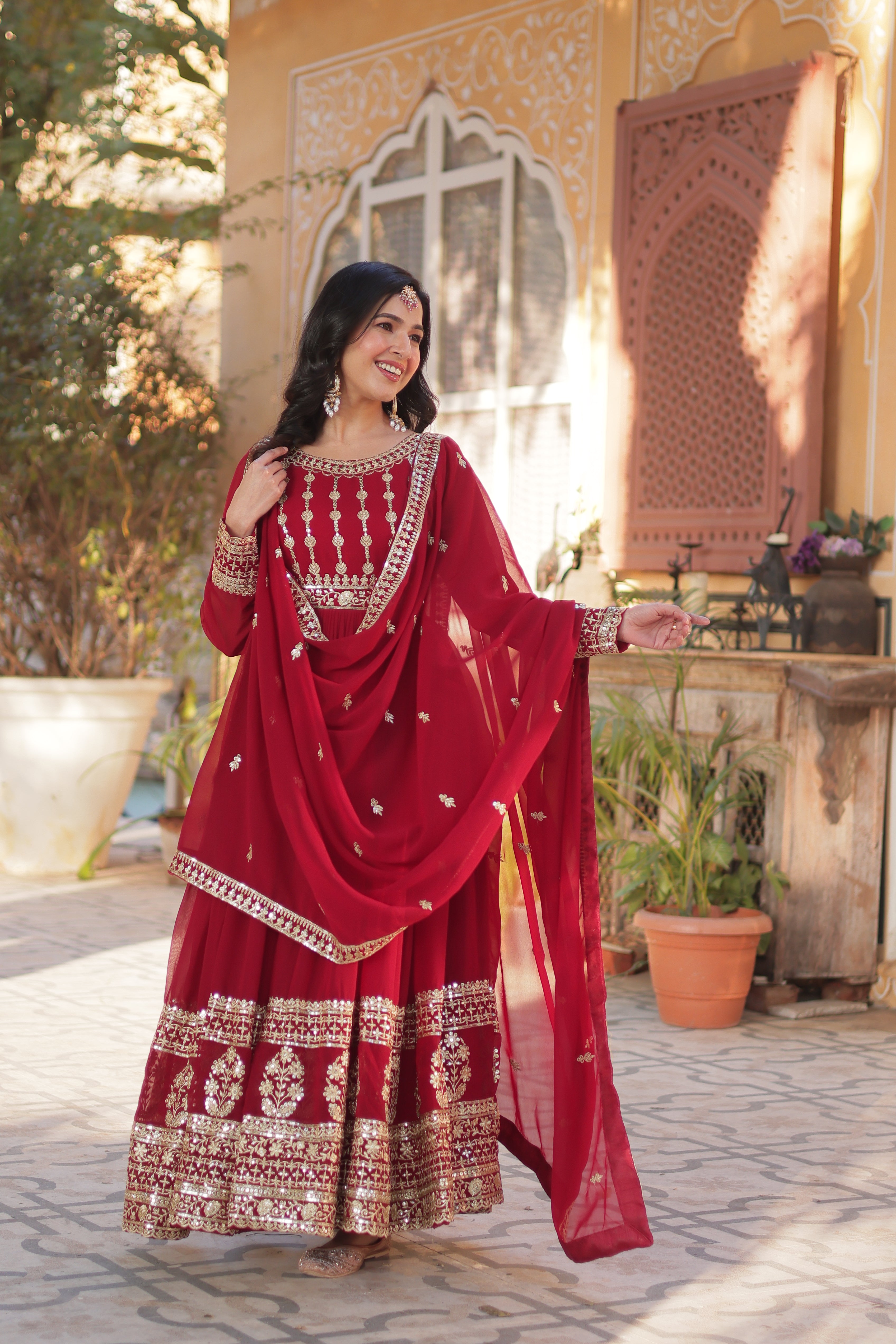 Maroon Faux Blooming Gown with Embroidery Dupatta