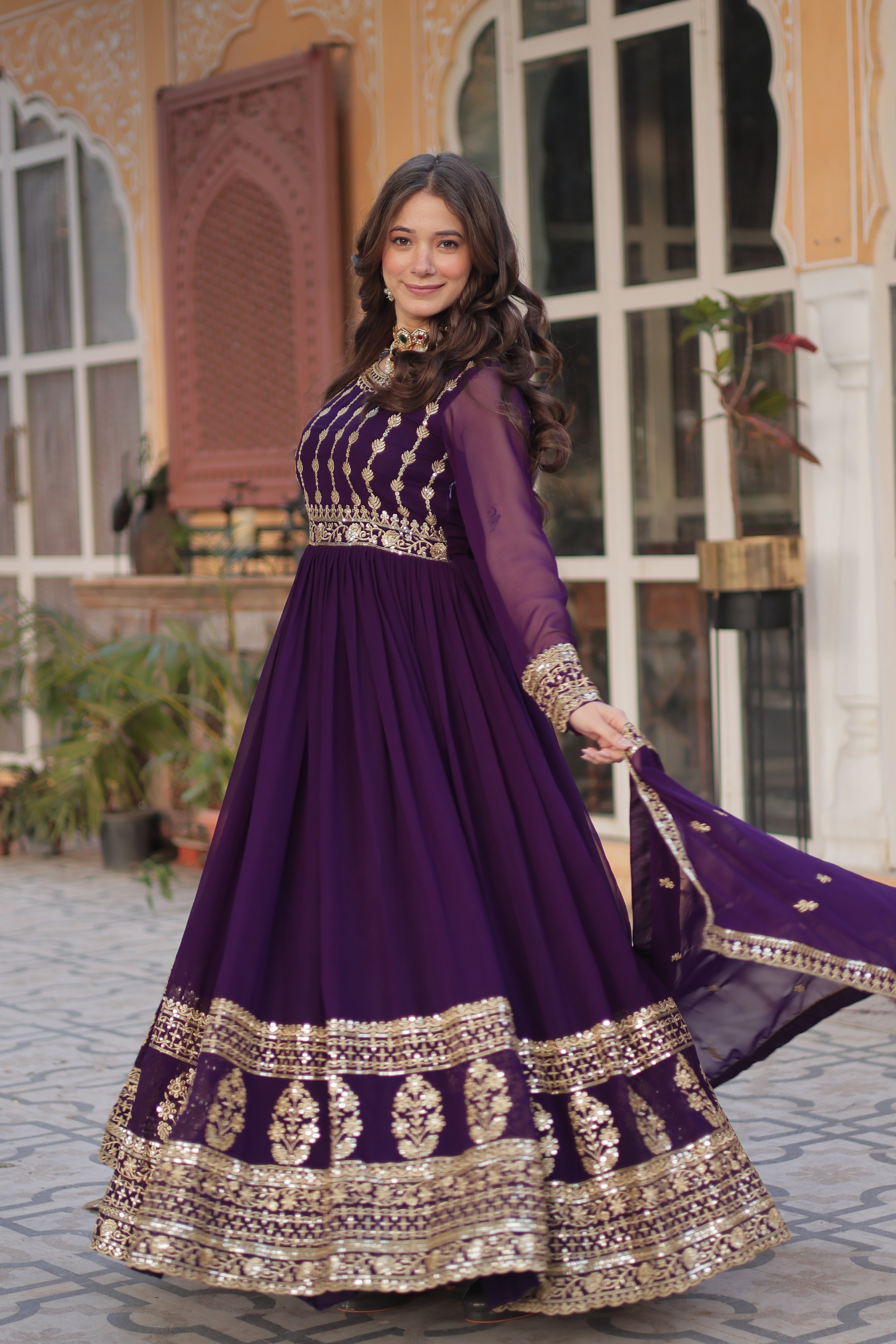 Purple Faux Blooming Gown with Embroidery Dupatta