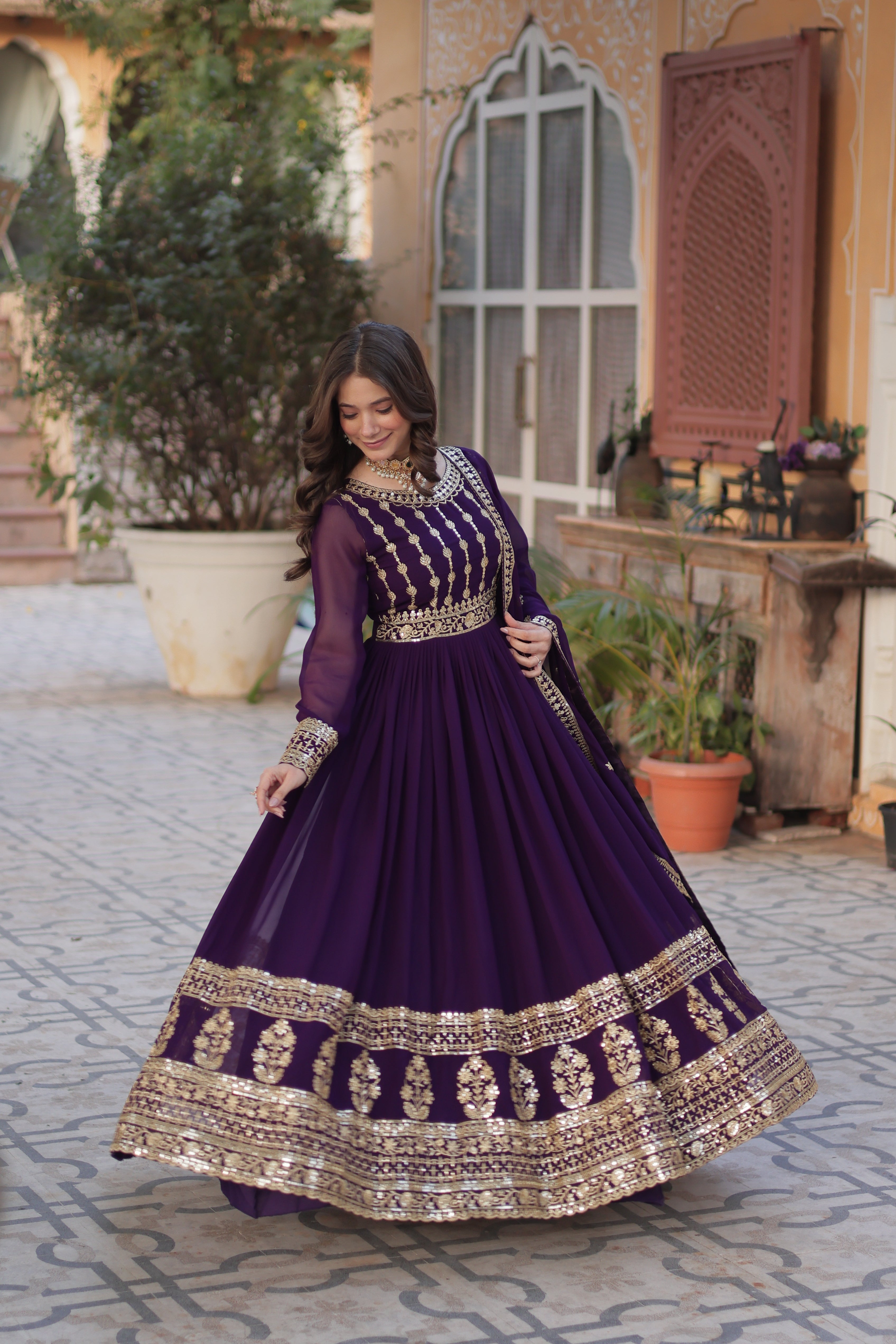 Purple Faux Blooming Gown with Embroidery Dupatta
