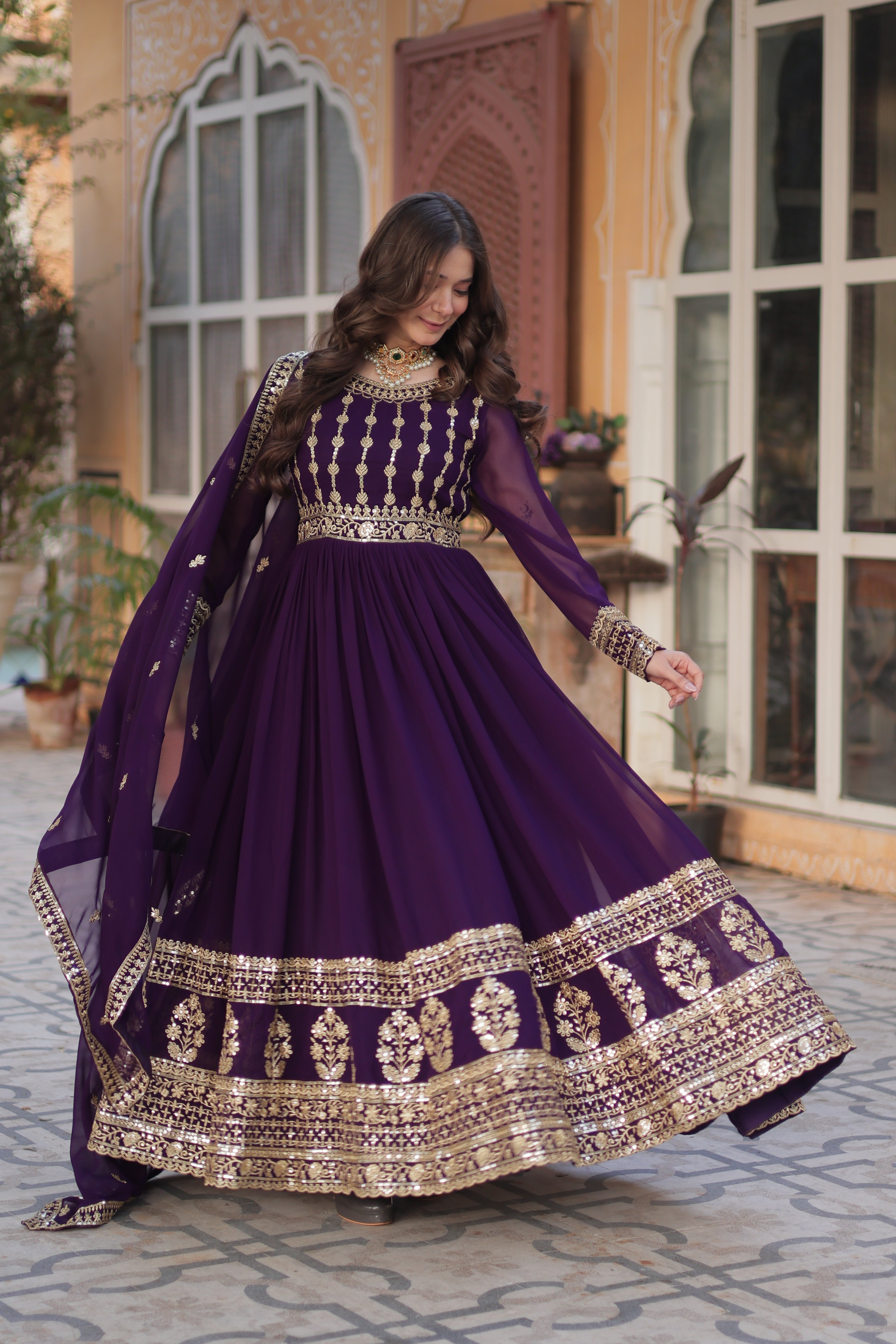Purple Faux Blooming Gown with Embroidery Dupatta