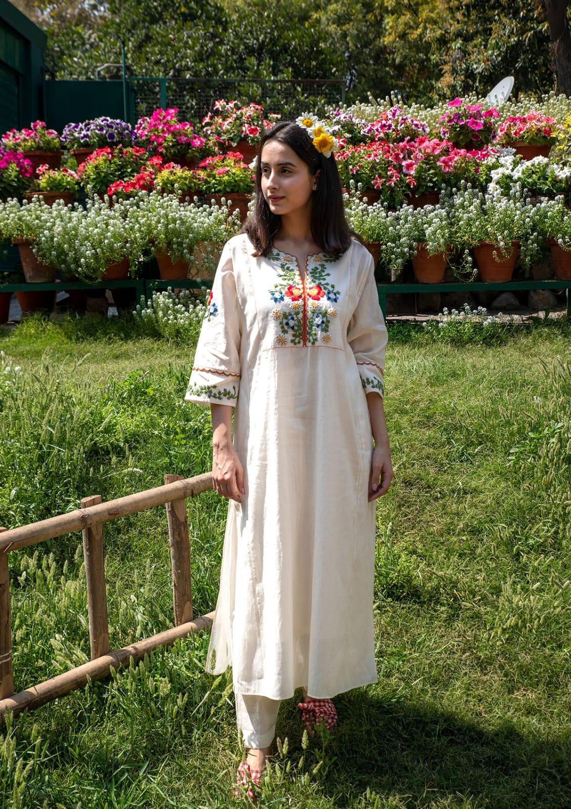 Women's White Embroidered A-Line Kurta Set