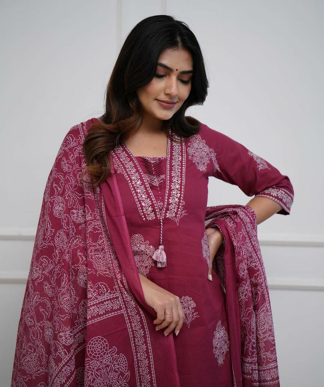 Designer cotton kurta pant with dupatta set