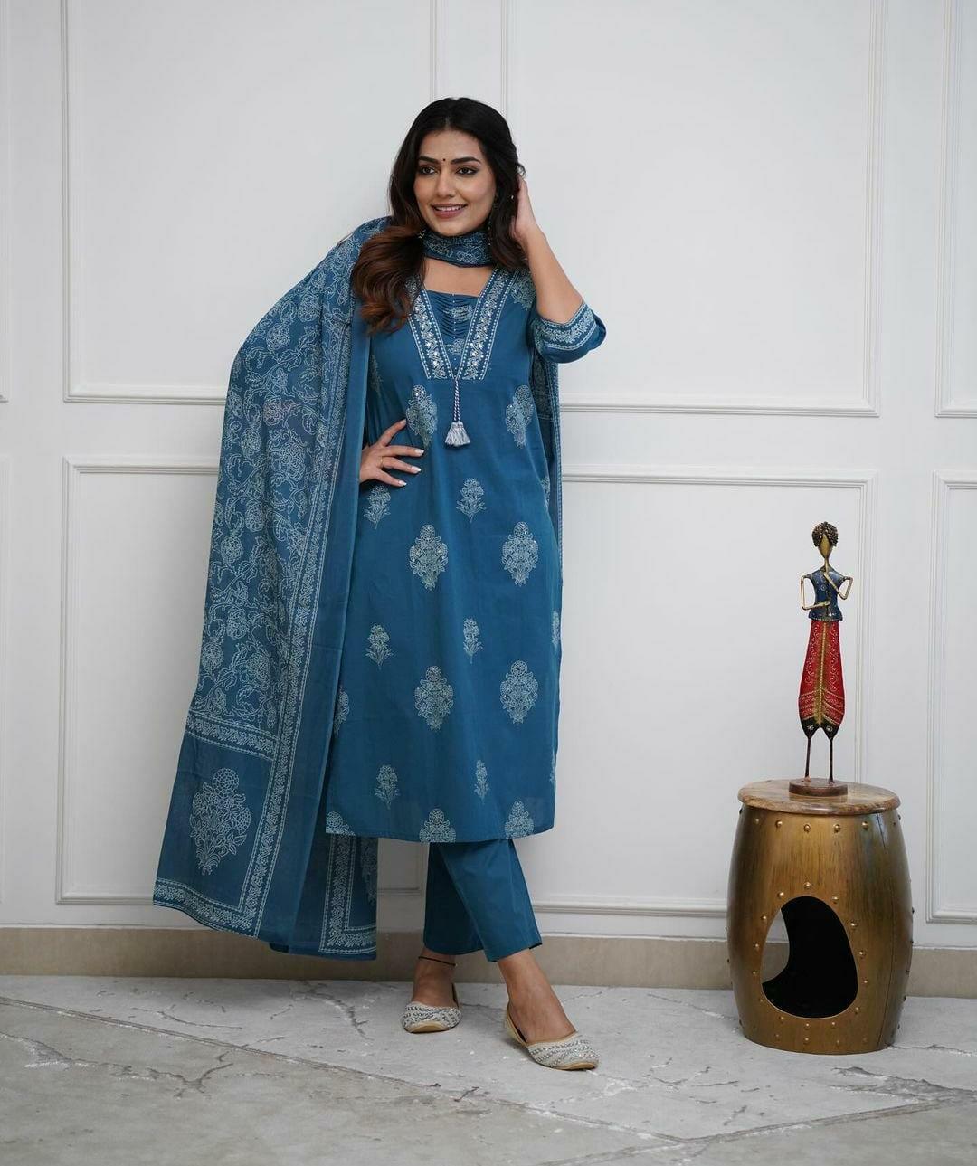Designer cotton kurta pant with dupatta set