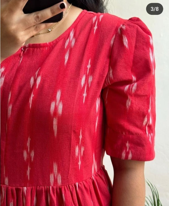 Women Cotton Red Printed Midi Dress