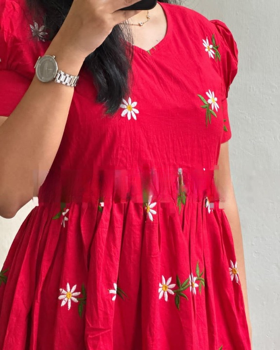 Women Red Cotton Embroidery Midi Dress