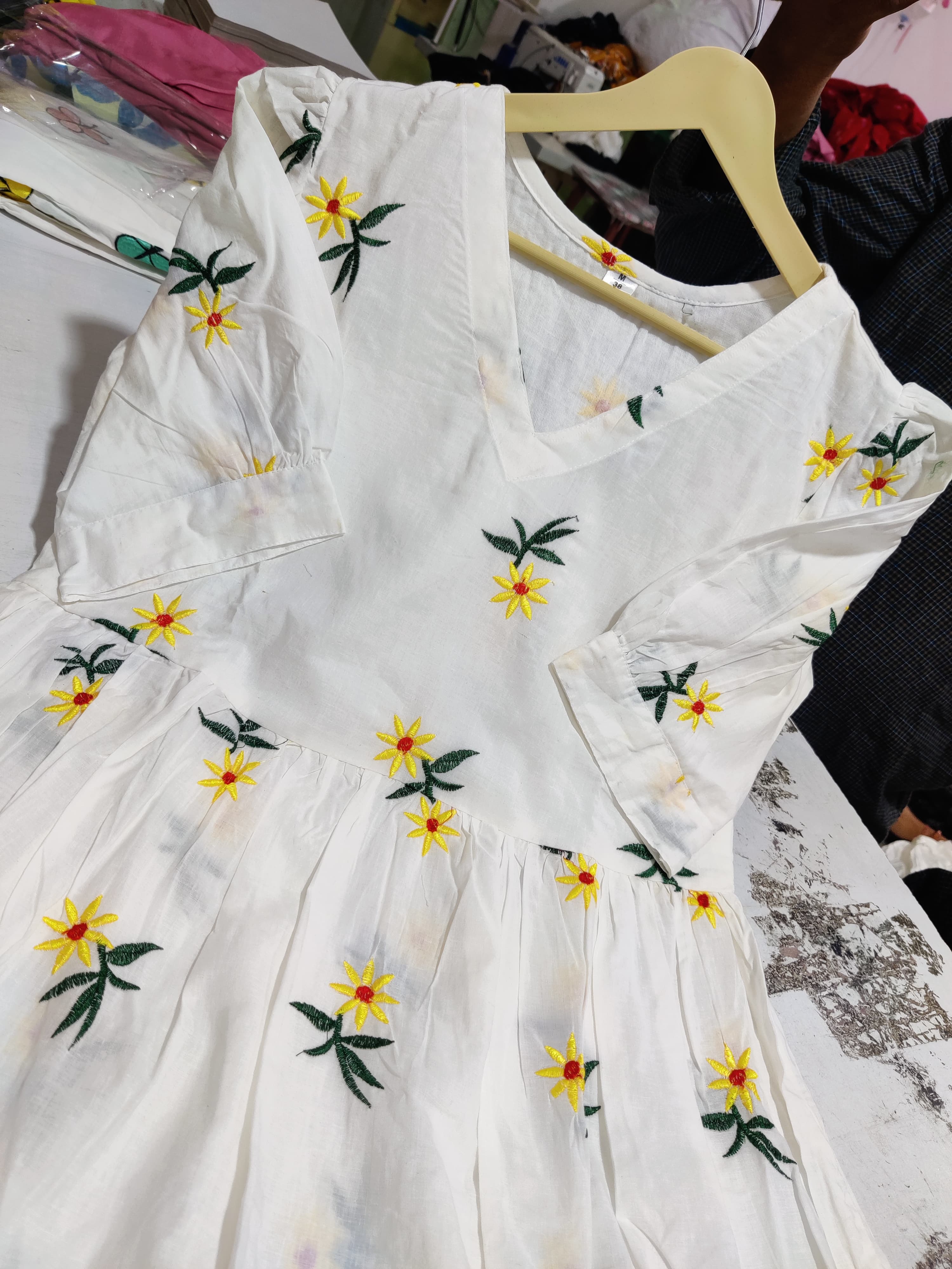 Women White Cotton Flower Embroidery Midi Dress