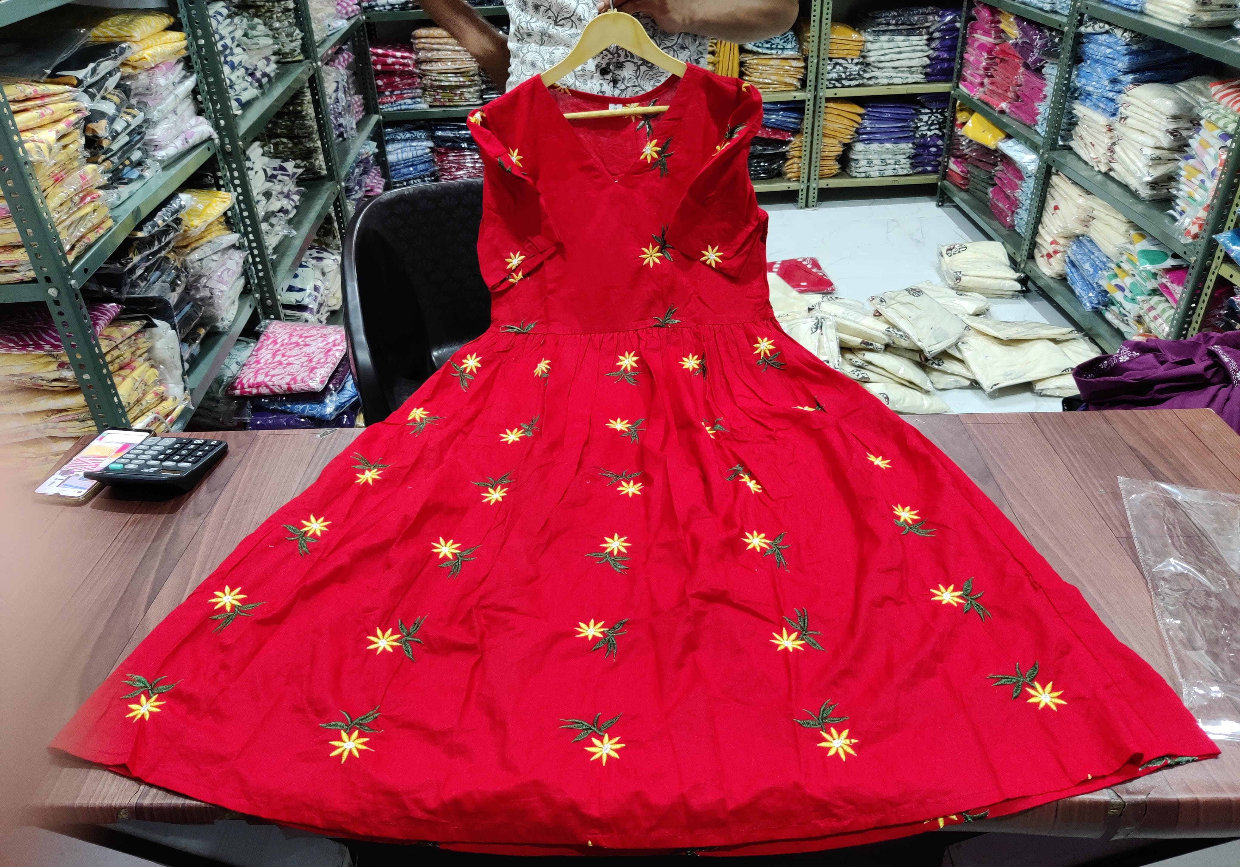 Women Red Cotton Embroidery Midi Dress