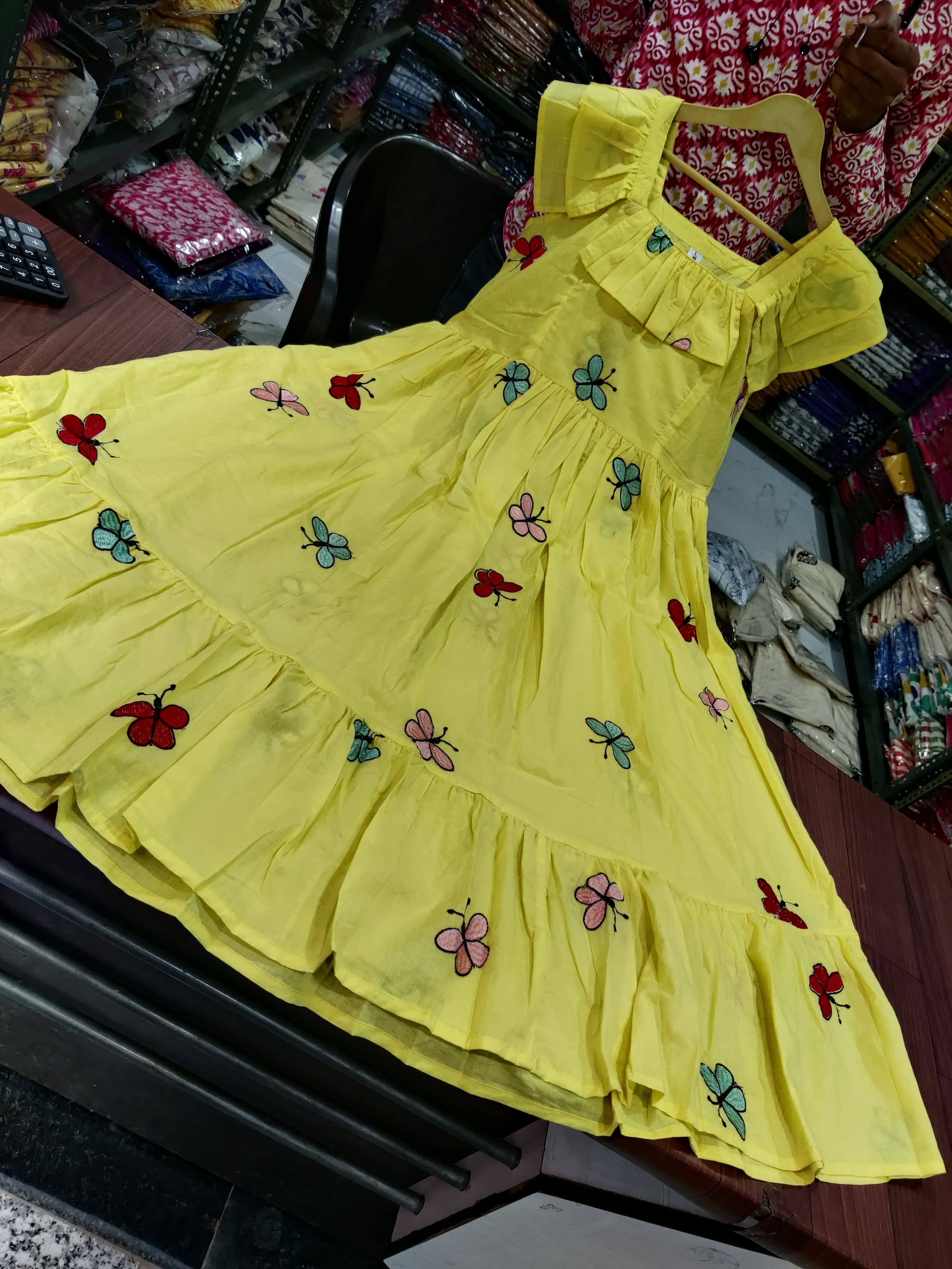 Women Yellow Cotton Embroidery Midi Dress