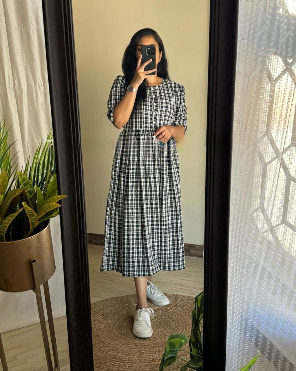 Women Checks Cotton Midi Dress