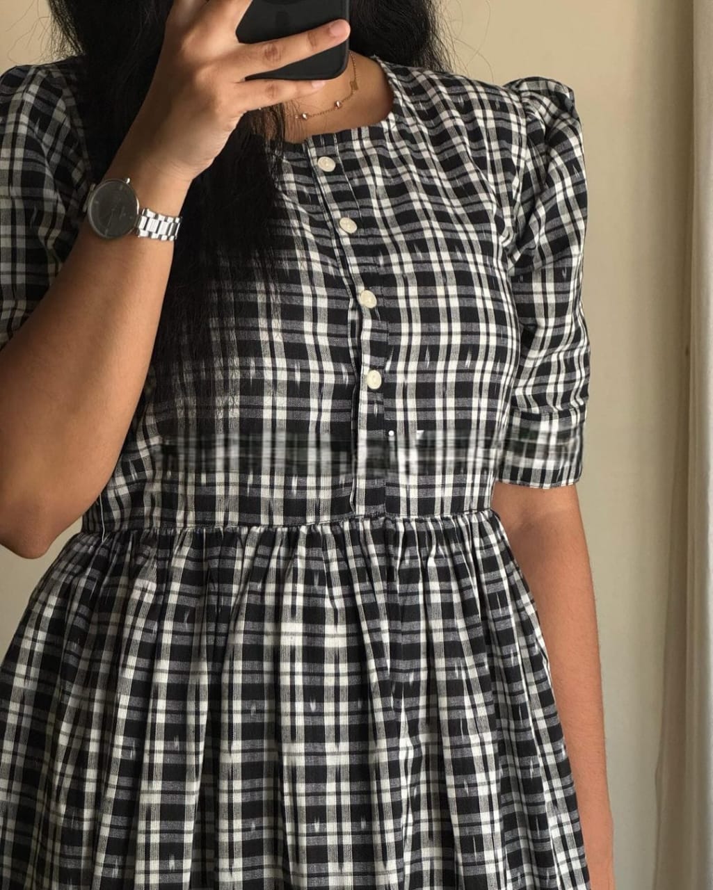 Women Checks Cotton Midi Dress