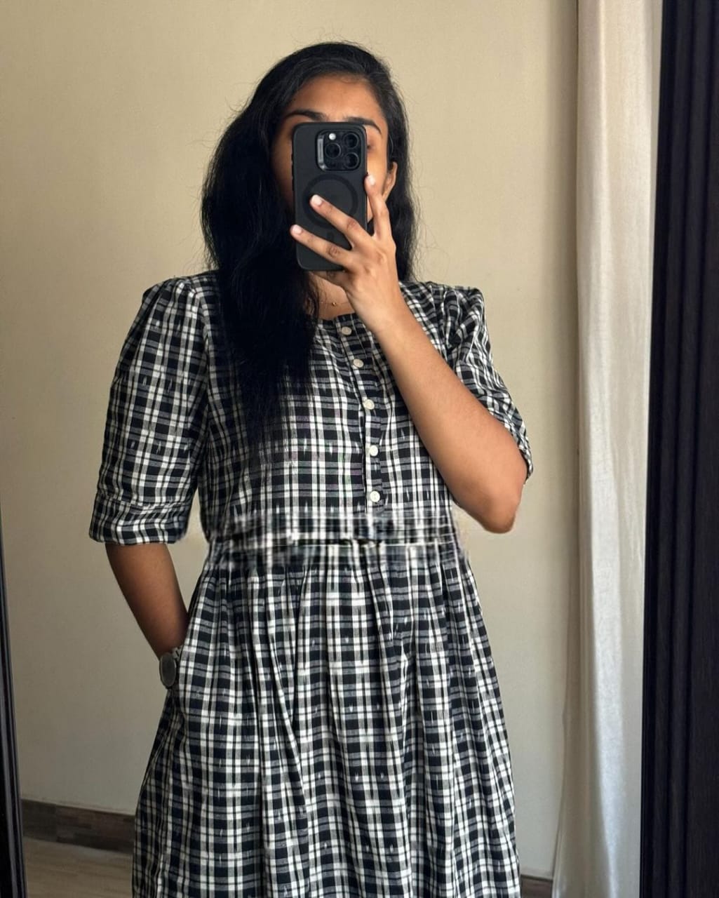 Women Checks Cotton Midi Dress