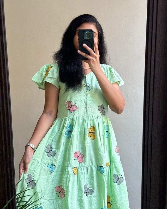 Women Cotton Green Embroidery Midi Dress