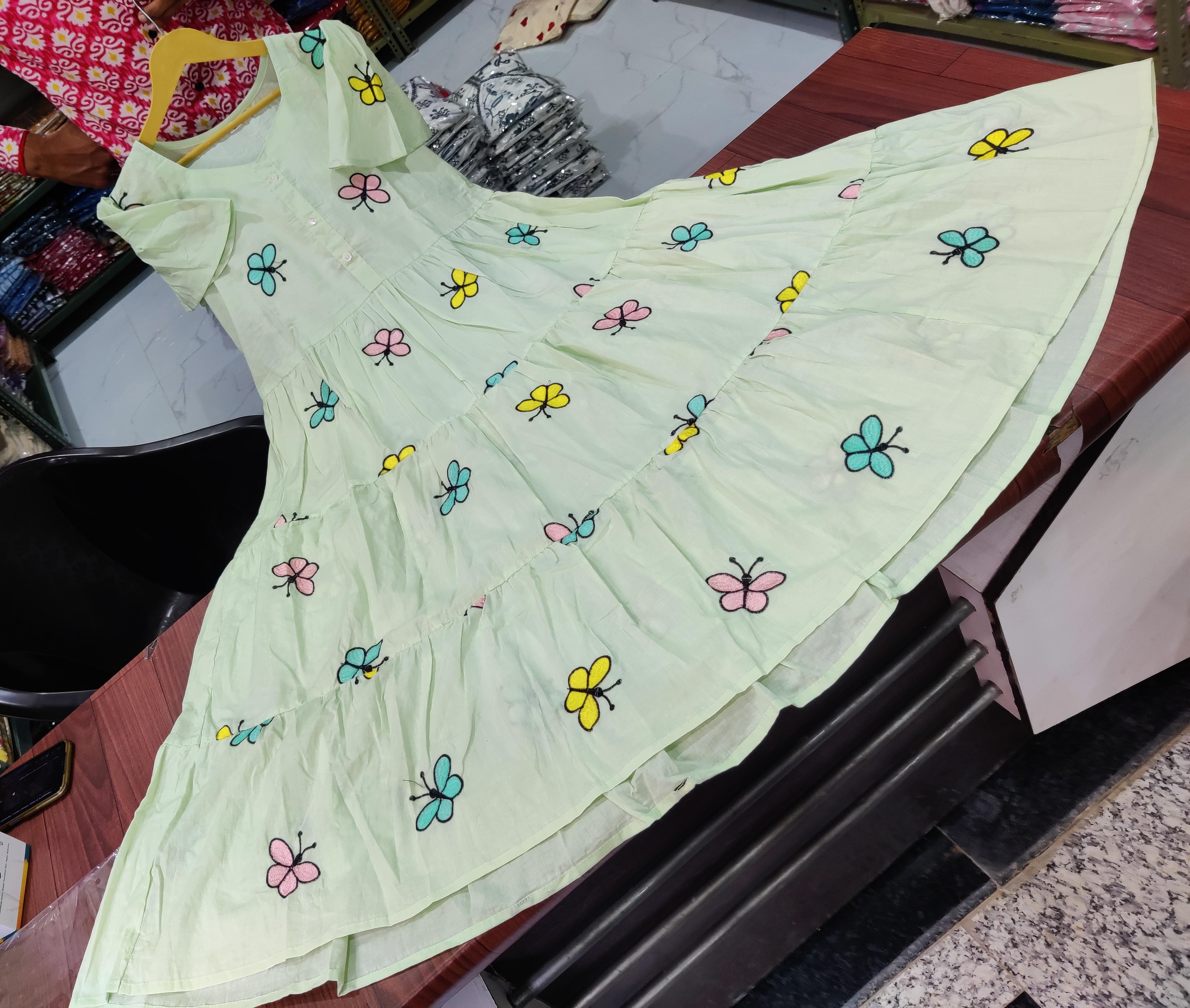 Women Cotton Green Embroidery Midi Dress