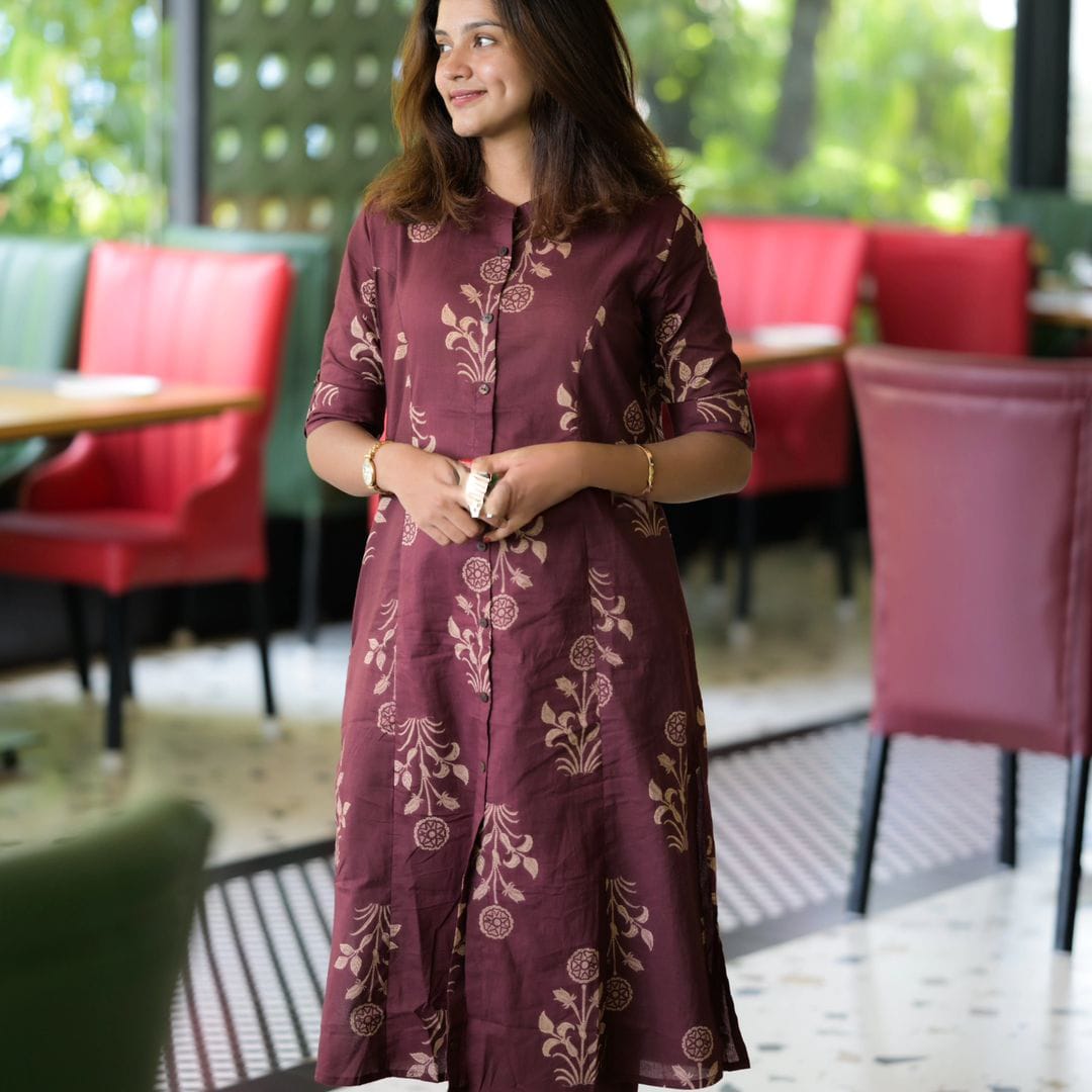 Women Cotton Brownish Maroon Kurta Pant set