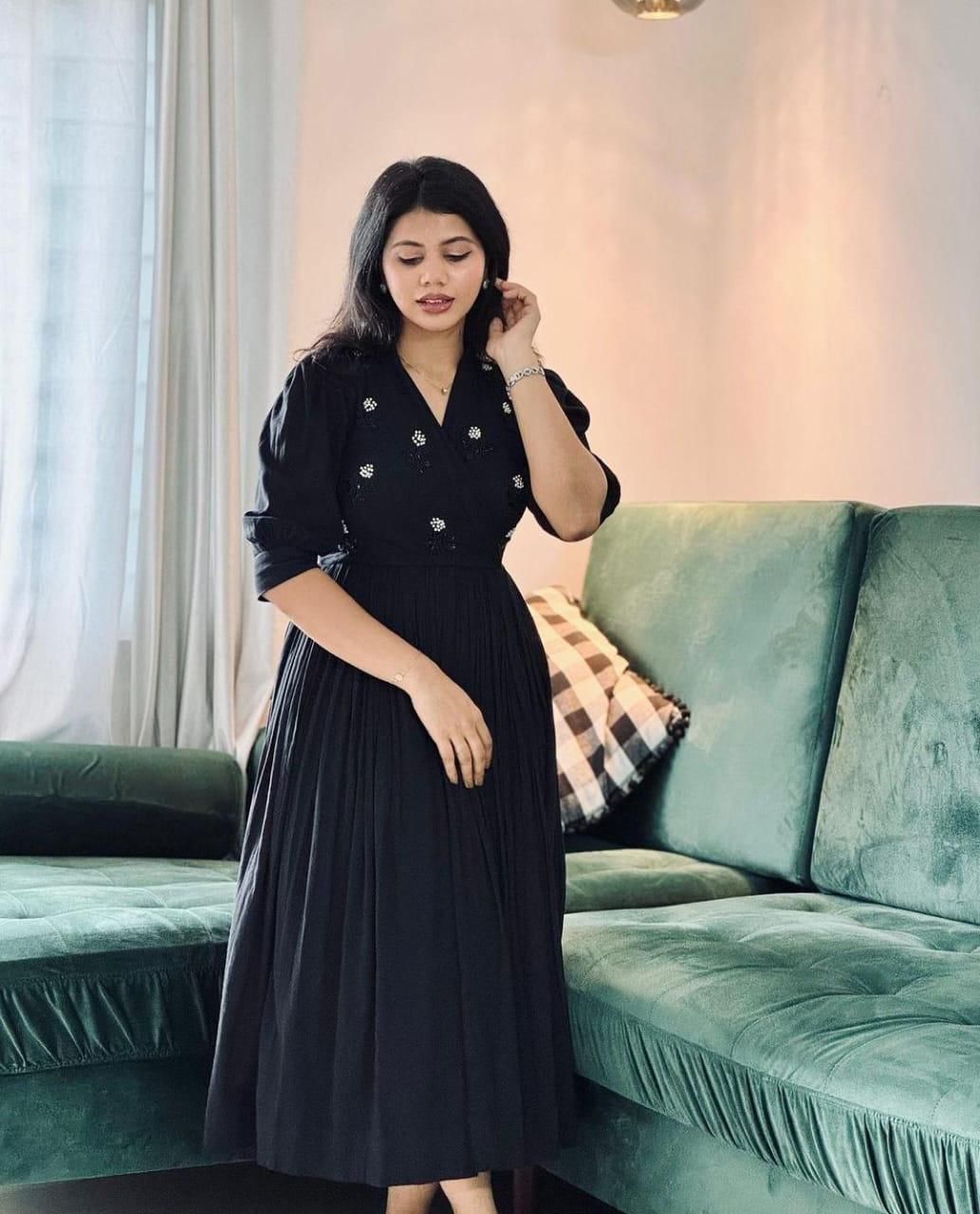 Women Cotton Black Midi Dress
