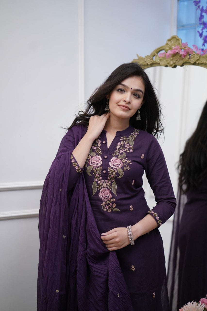 Women cotton embroidered kurta pant with dupatta sets