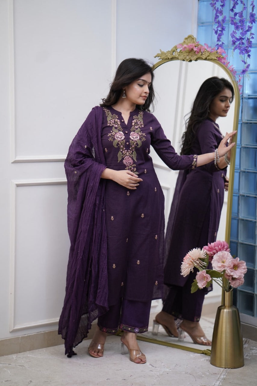 Women cotton embroidered kurta pant with dupatta sets