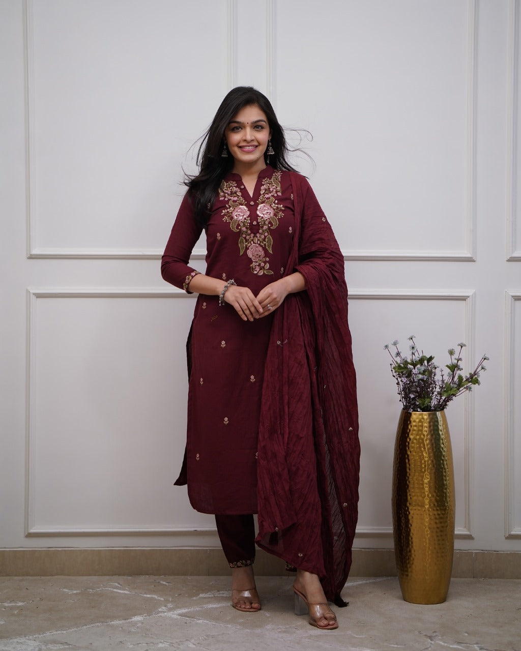 Women cotton embroidered kurta pant with dupatta sets