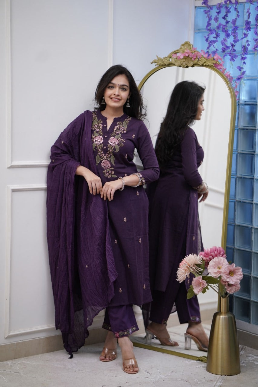 Women cotton embroidered kurta pant with dupatta sets