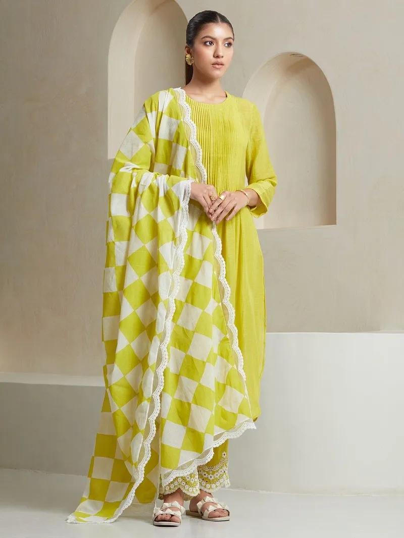 Yellow Embroidered Cotton Kurta and Pant Set with Dupatta