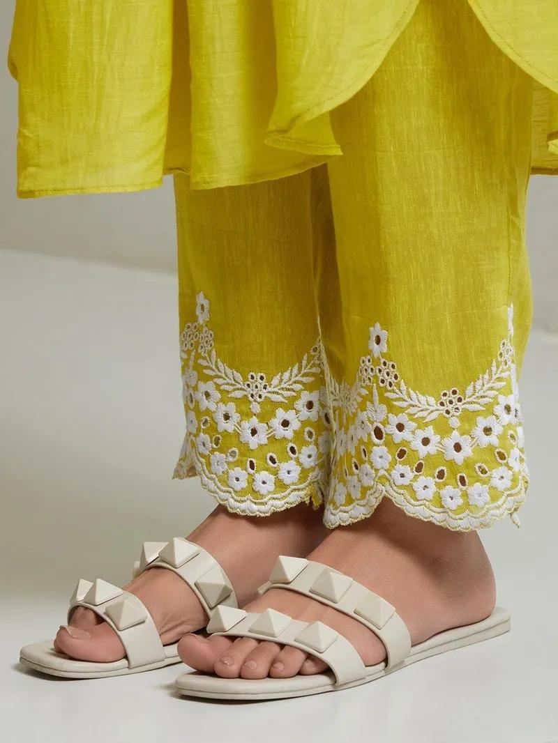 Yellow Embroidered Cotton Kurta and Pant Set with Dupatta