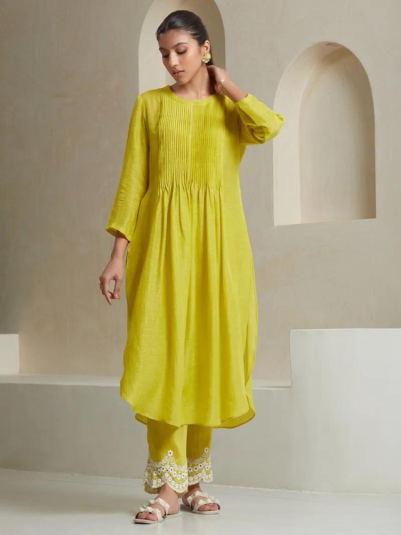 Yellow Embroidered Cotton Kurta and Pant Set with Dupatta
