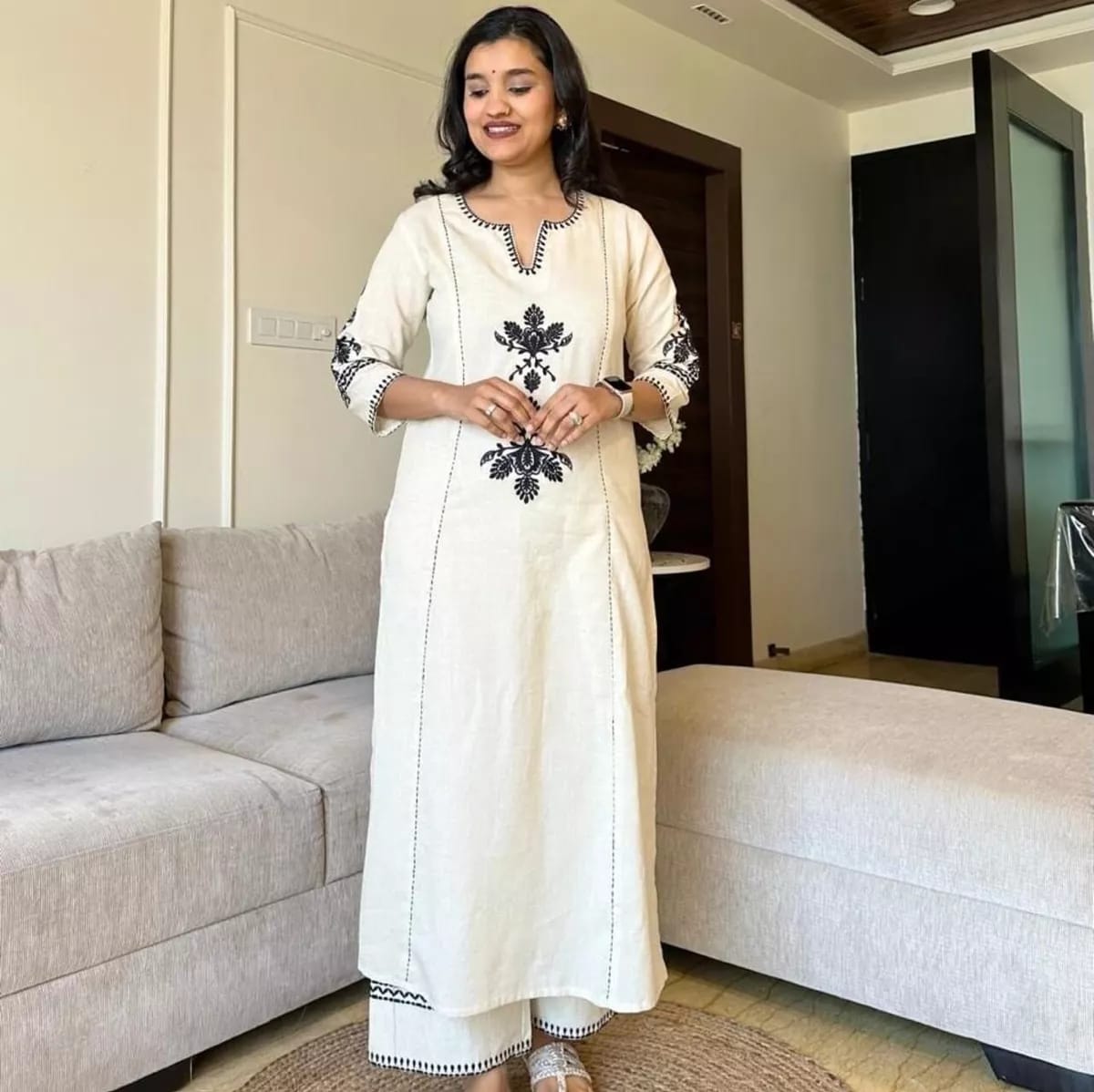 Off white hand embroidered kurta palazzo co ord set