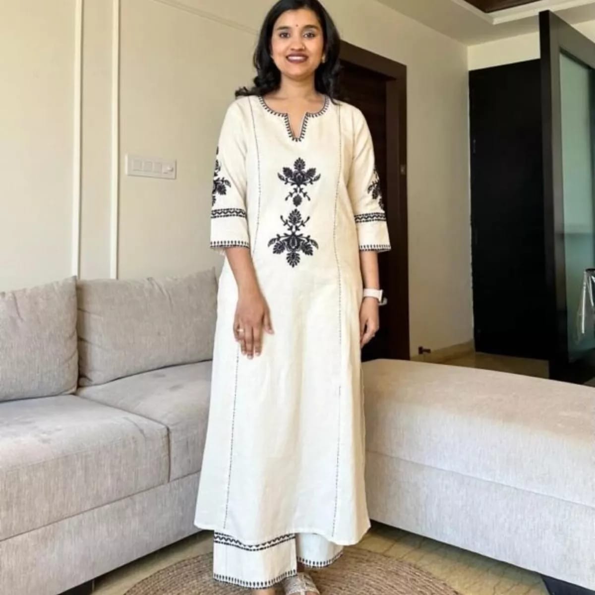 Off white hand embroidered kurta palazzo co ord set