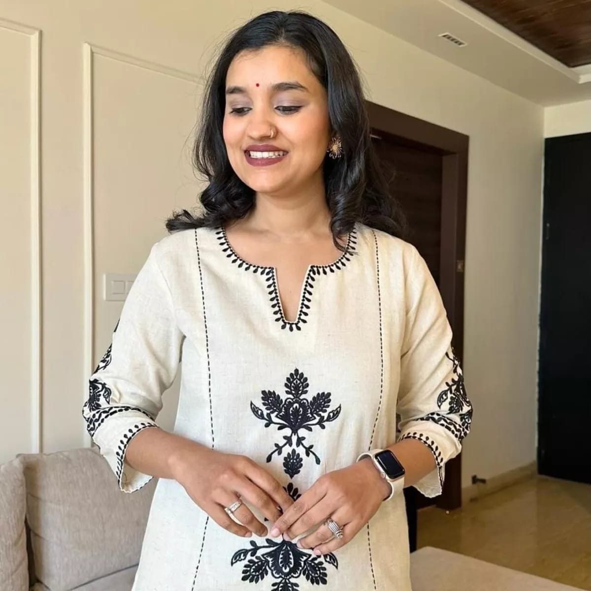 Off white hand embroidered kurta palazzo co ord set