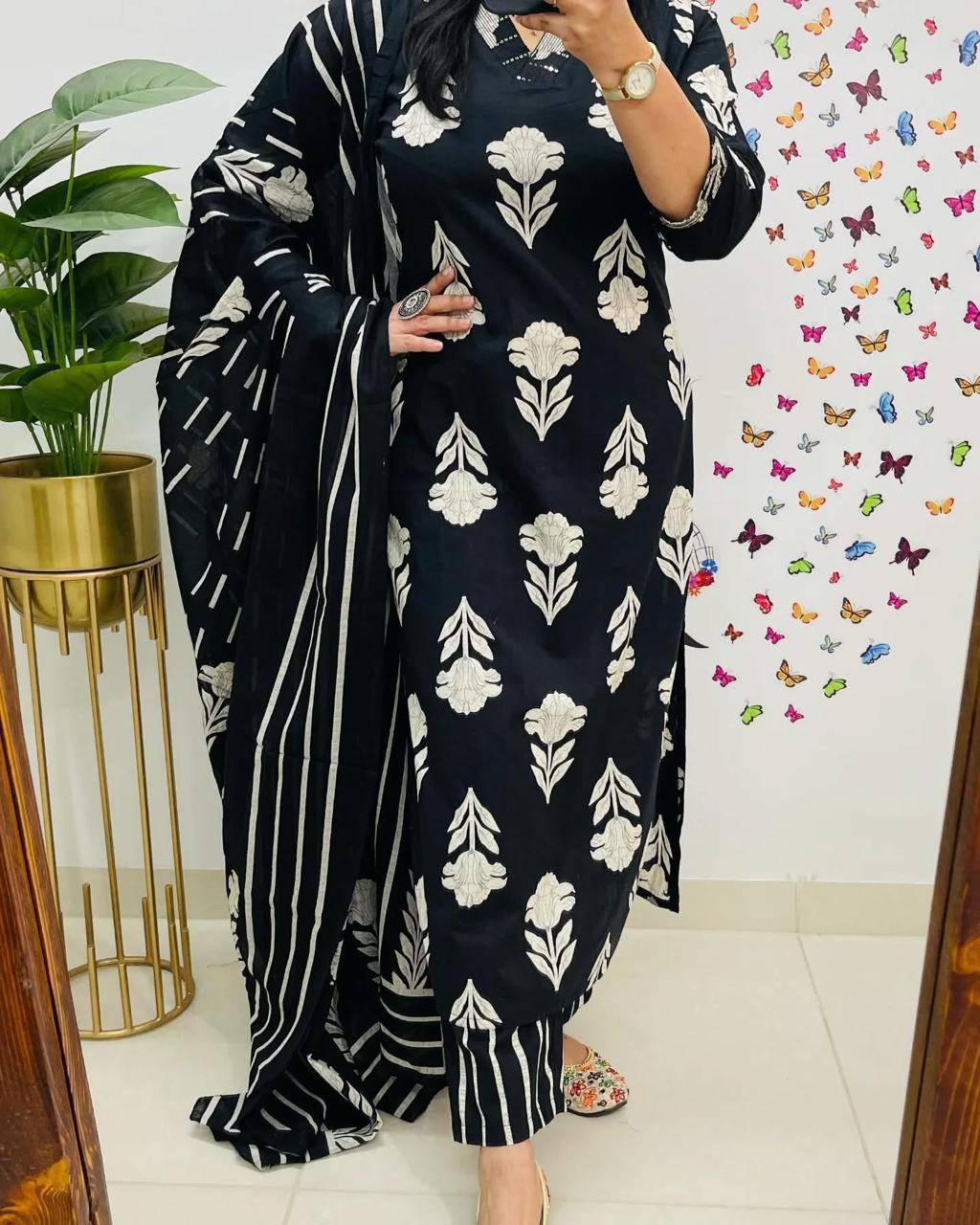 Midnight Breeze Cotton Kurta Set with Dupatta