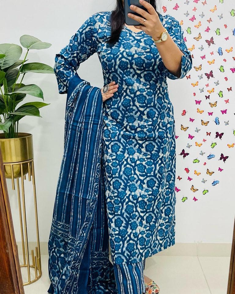 cotton dupatta set, blue dupatta set, Muktanshh 