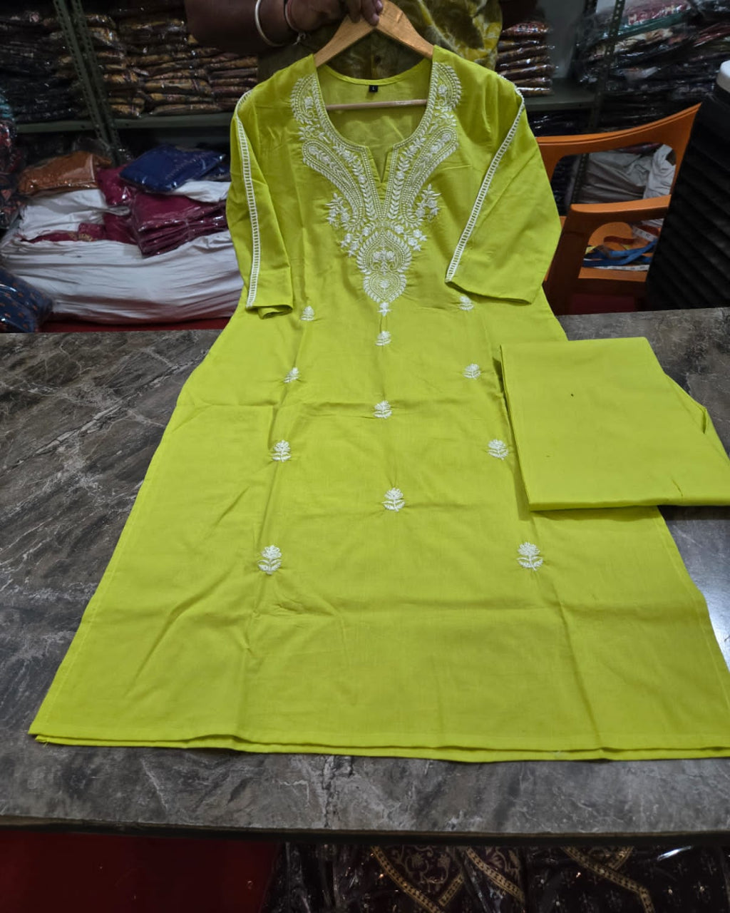 Beautiful Green Cotton Kurta Pant Set